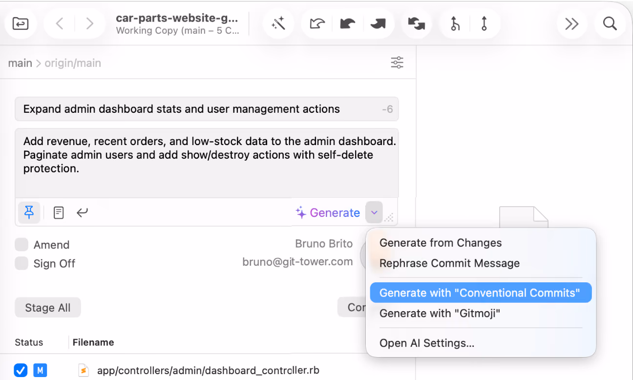 Tower 16 for Mac – AI Commits Preset Prompts dropdown