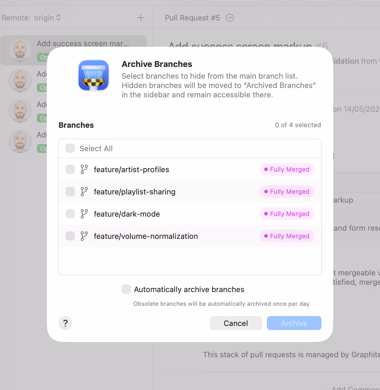 Tower 17 for Mac – The "Archive Branches" dialog listing fully merged branches