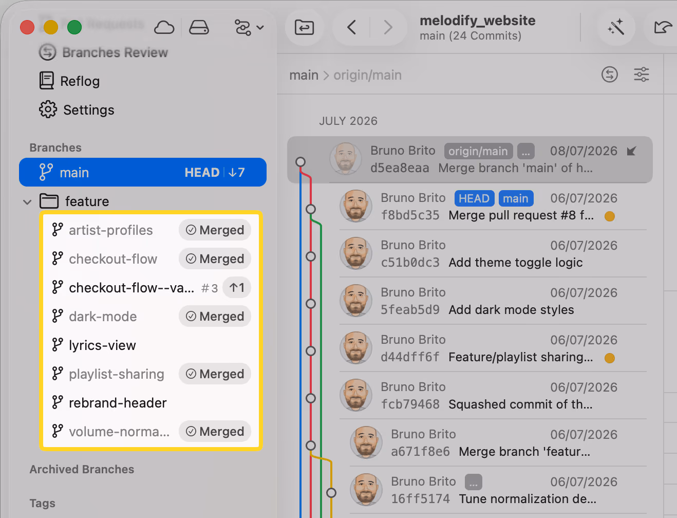Tower 17 for Mac – A squash-merged branch receives its "Fully Merged" badge thanks to pull request detection