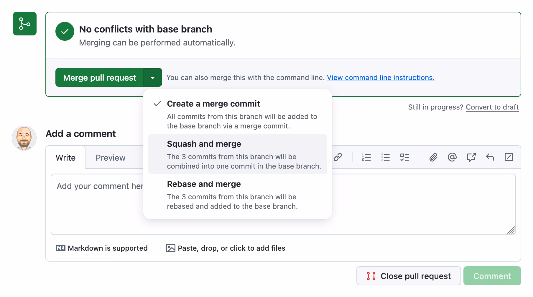 Squash-merging a pull request on GitHub