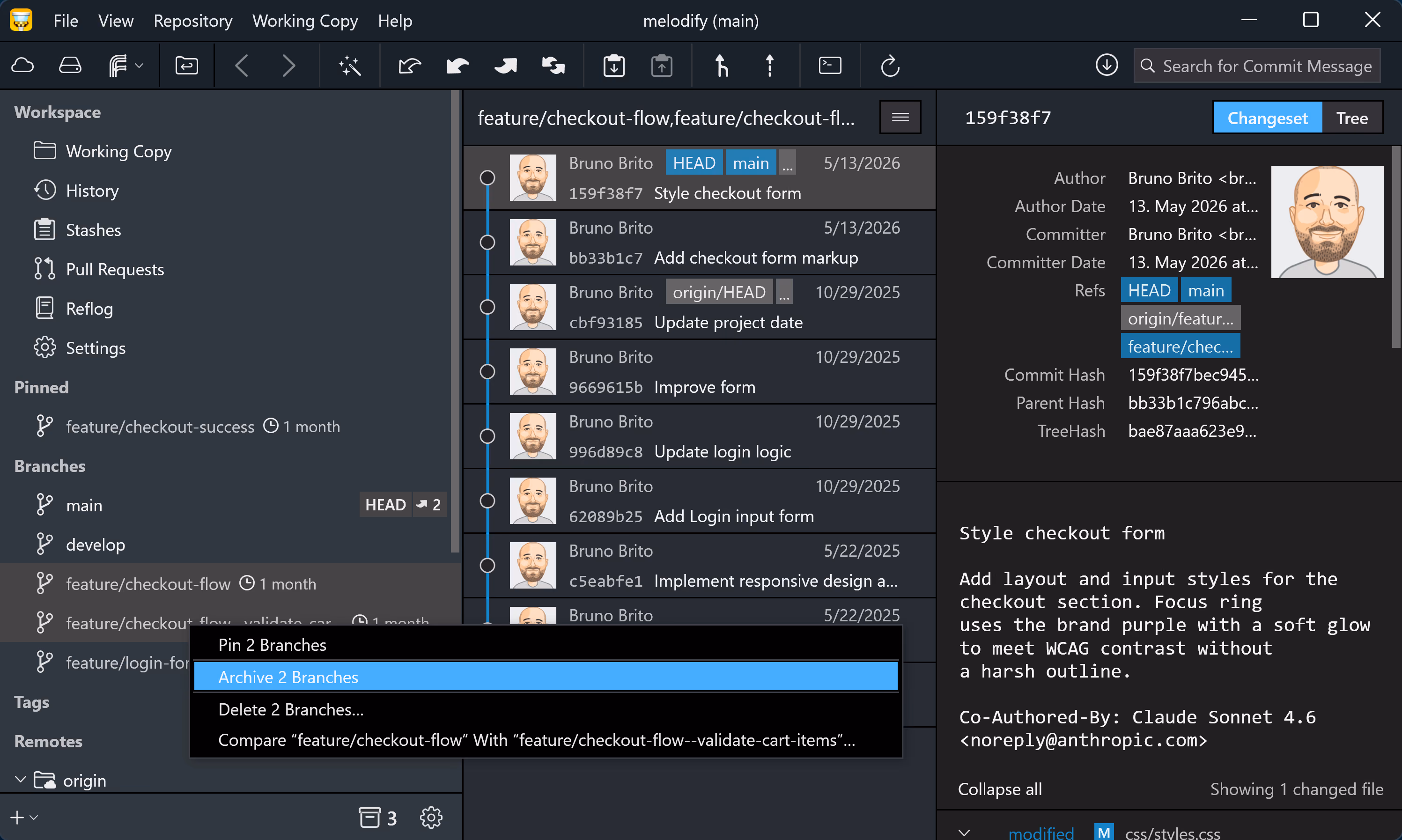 Archiving multiple selected branches at once via the context menu