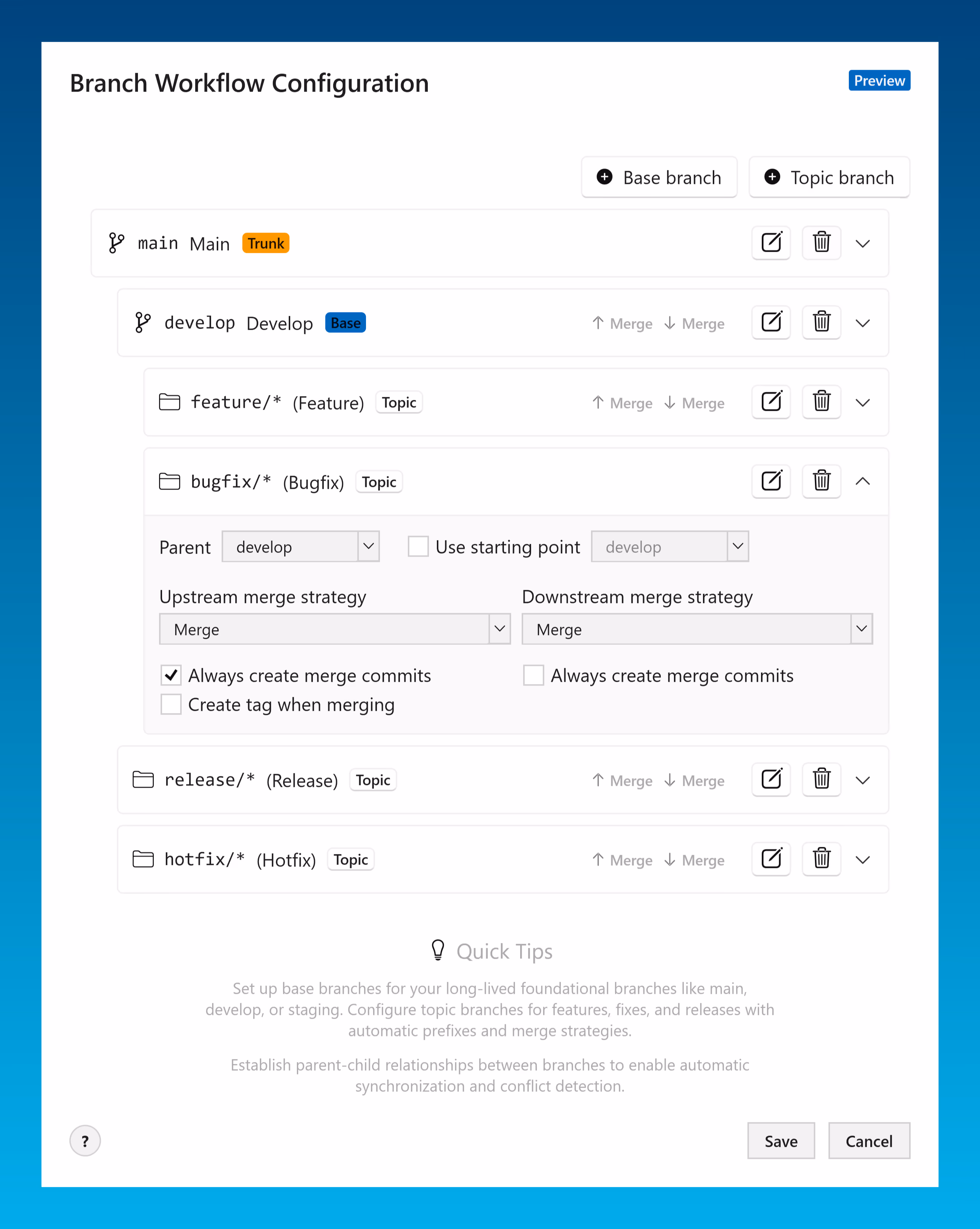 The Branch Workflow Configuration dialog, listing base and topic branches with their merge strategies