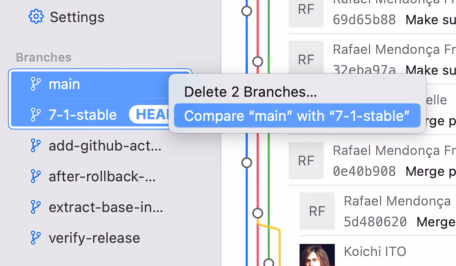 Tower — Compare Branches by right-clicking