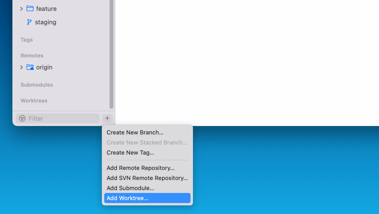 Tower 12.5 – Creating a New Worktree by clicking the "+" button