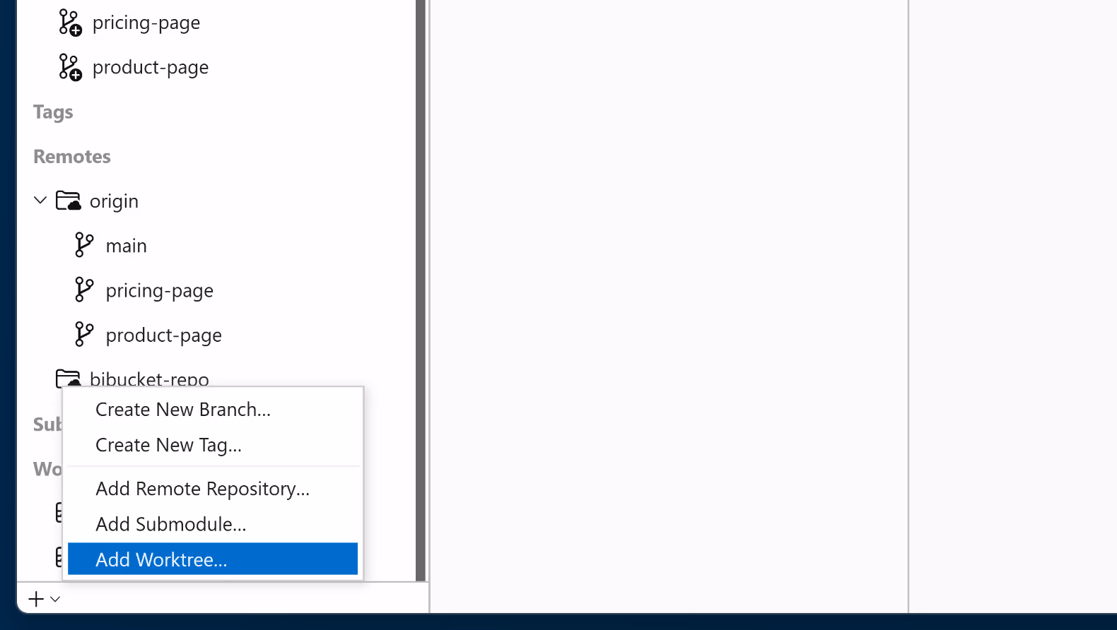 Tower 9.0 – Creating a New Worktree by clicking the "+" button