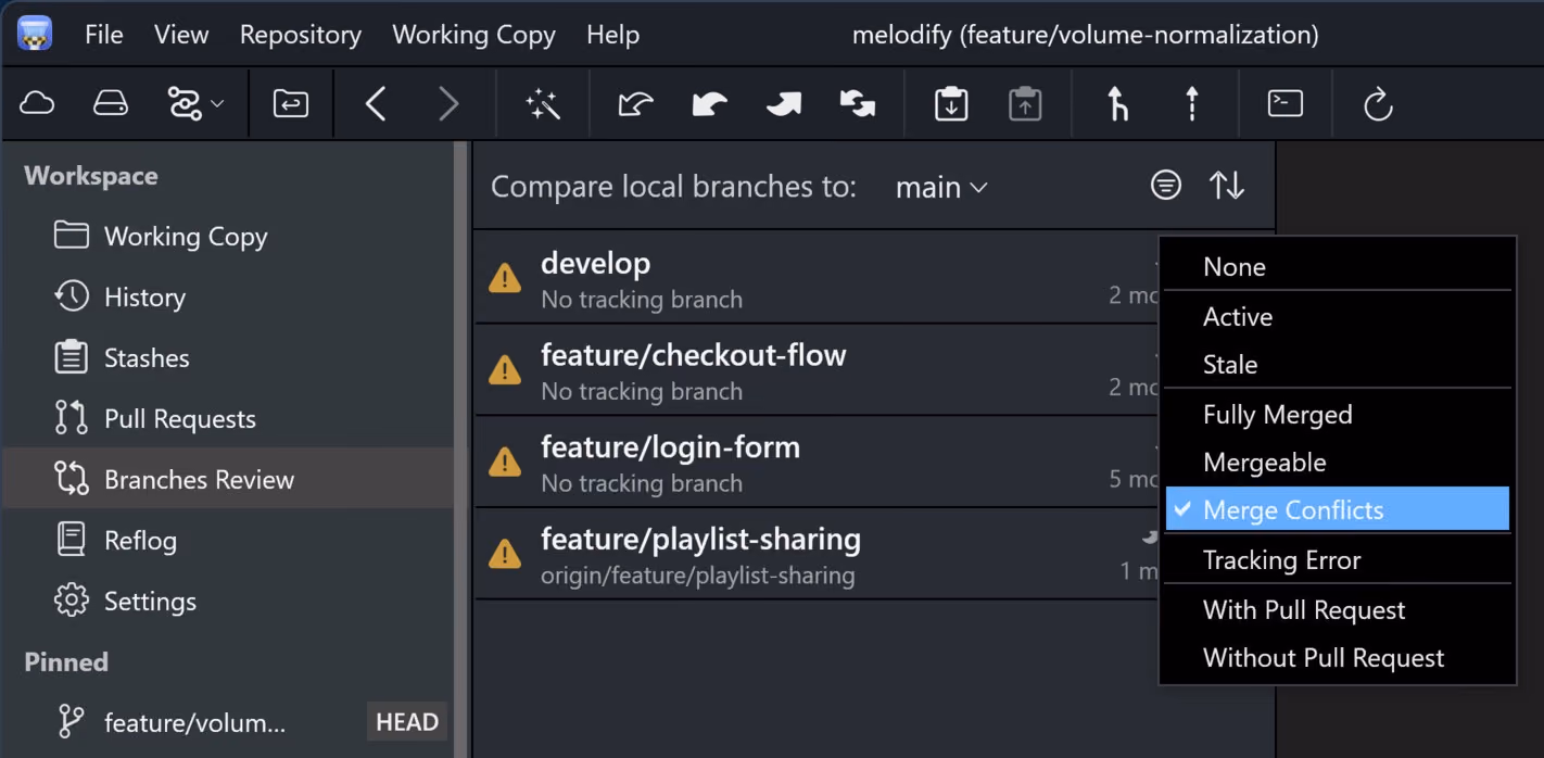 Tower 14 for Windows – Sorting and filtering in "Branches Review"