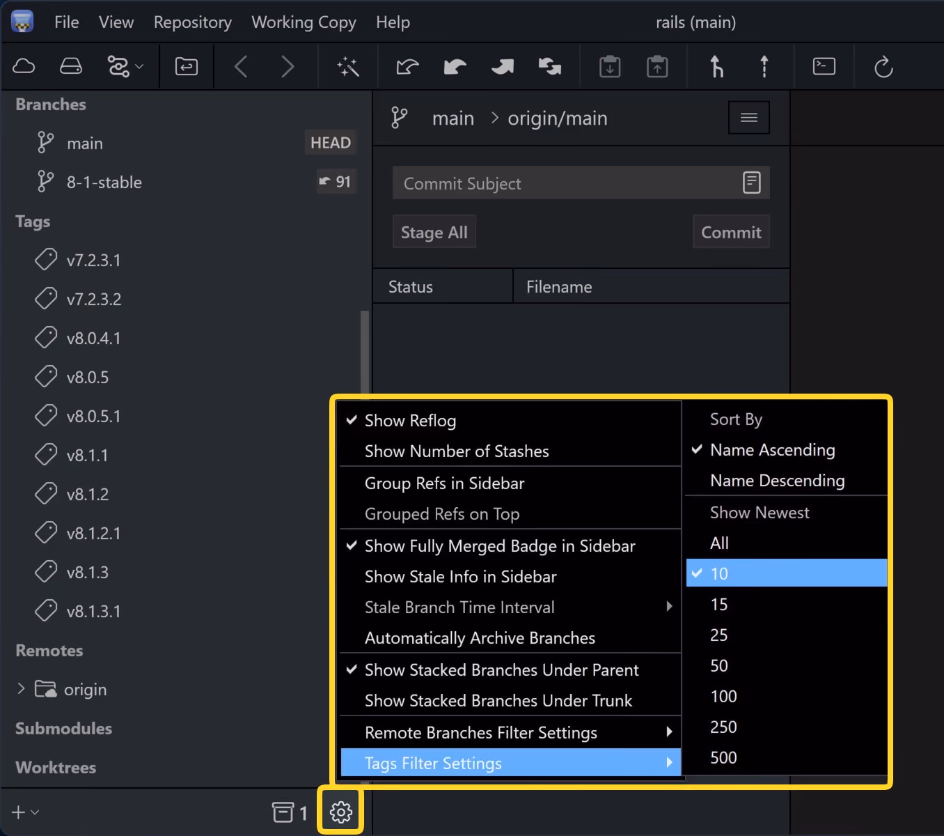 Tower 14 for Windows – The sidebar's view settings, with the tag filter settings open