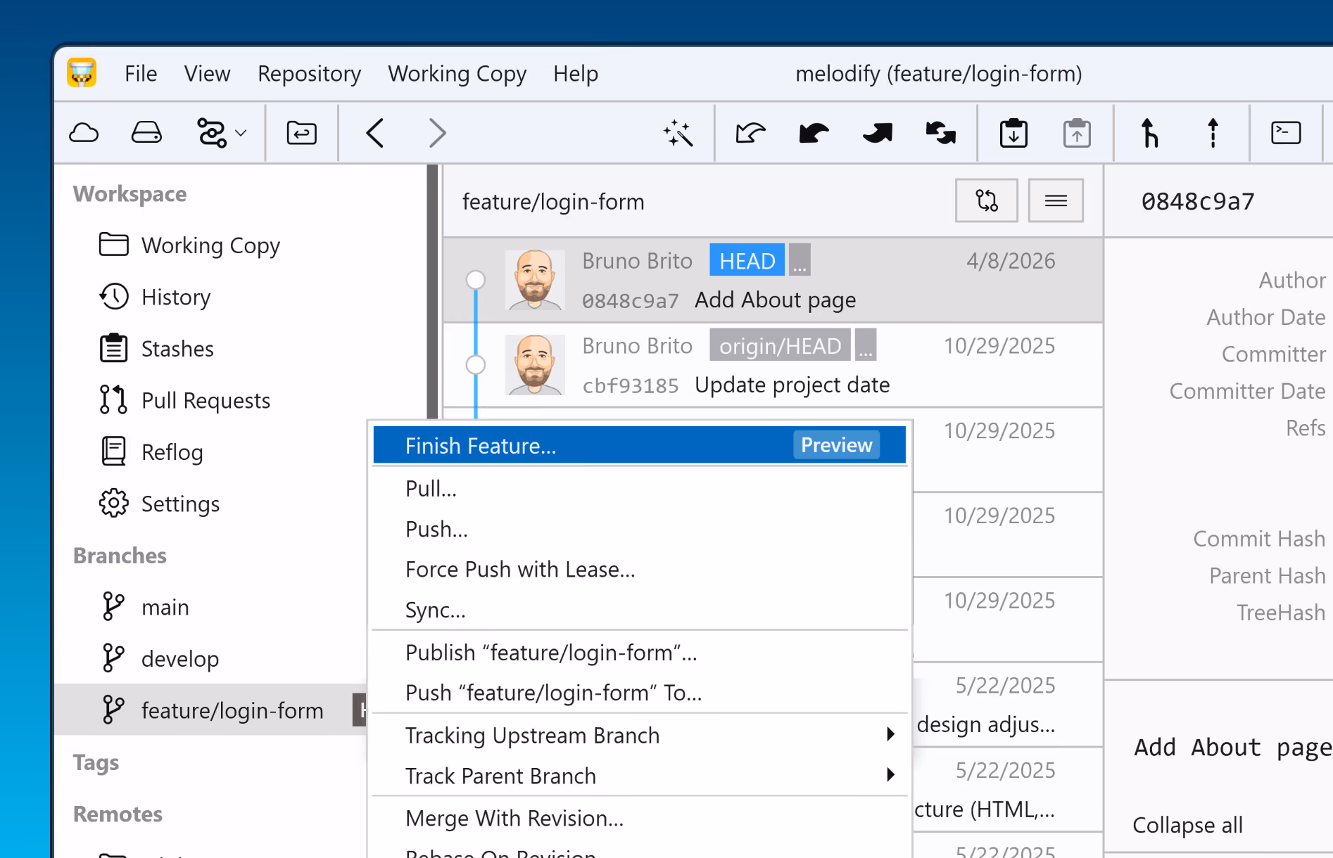 Finishing a feature branch from its context menu in the sidebar