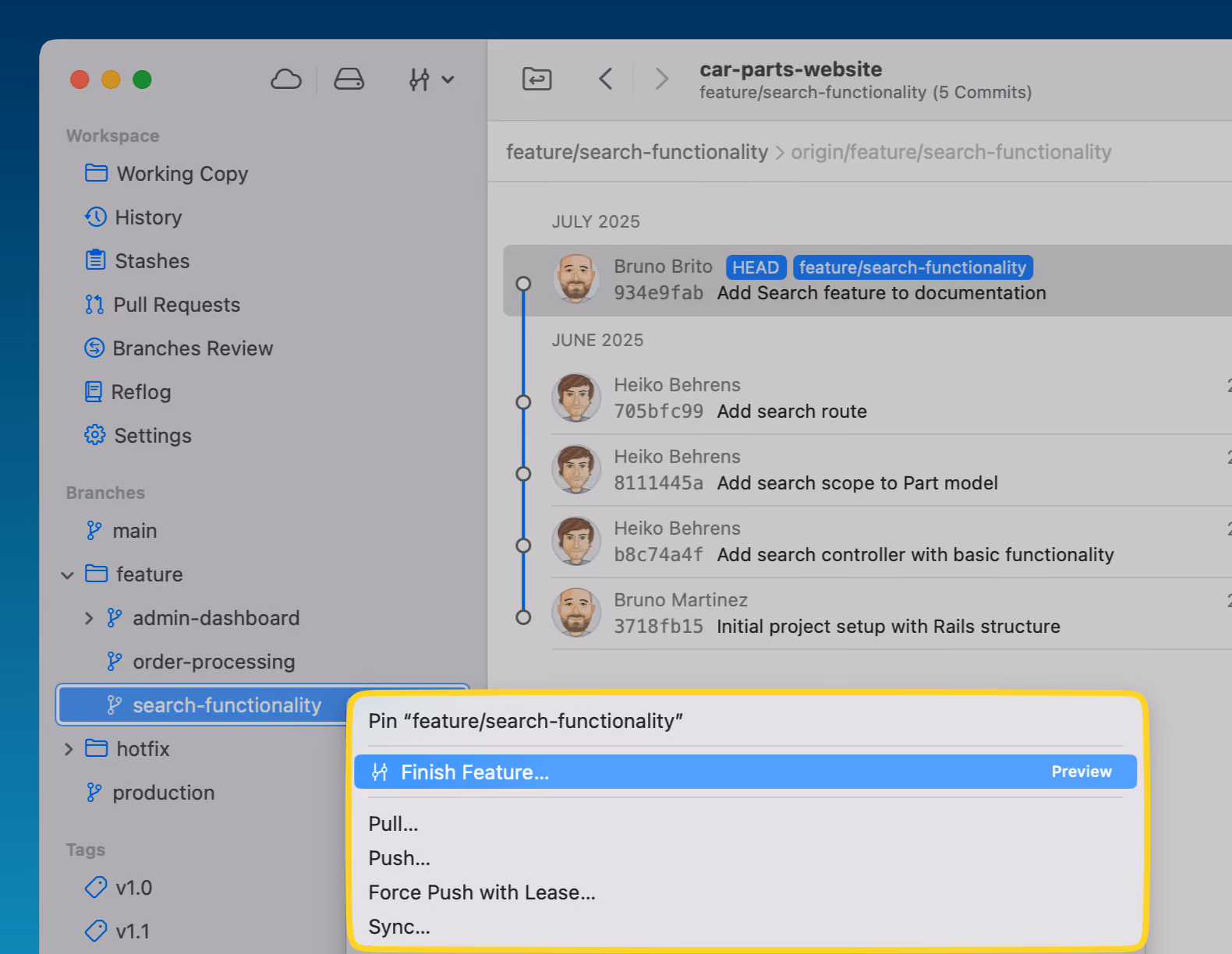 Finishing a feature branch from its context menu in the sidebar