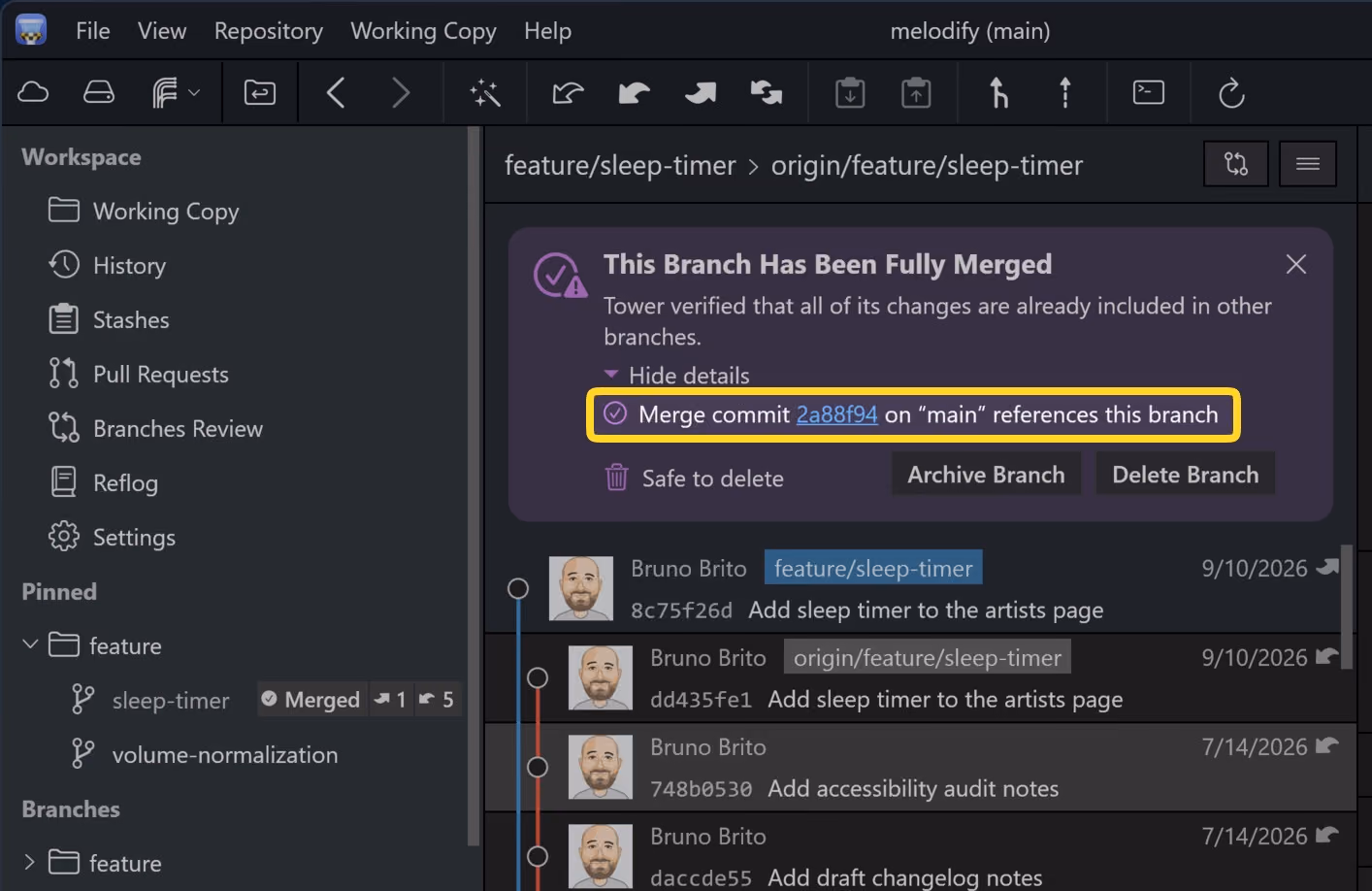 Tower 14 for Windows – The "Fully Merged" hint links to the merge commit that references the branch