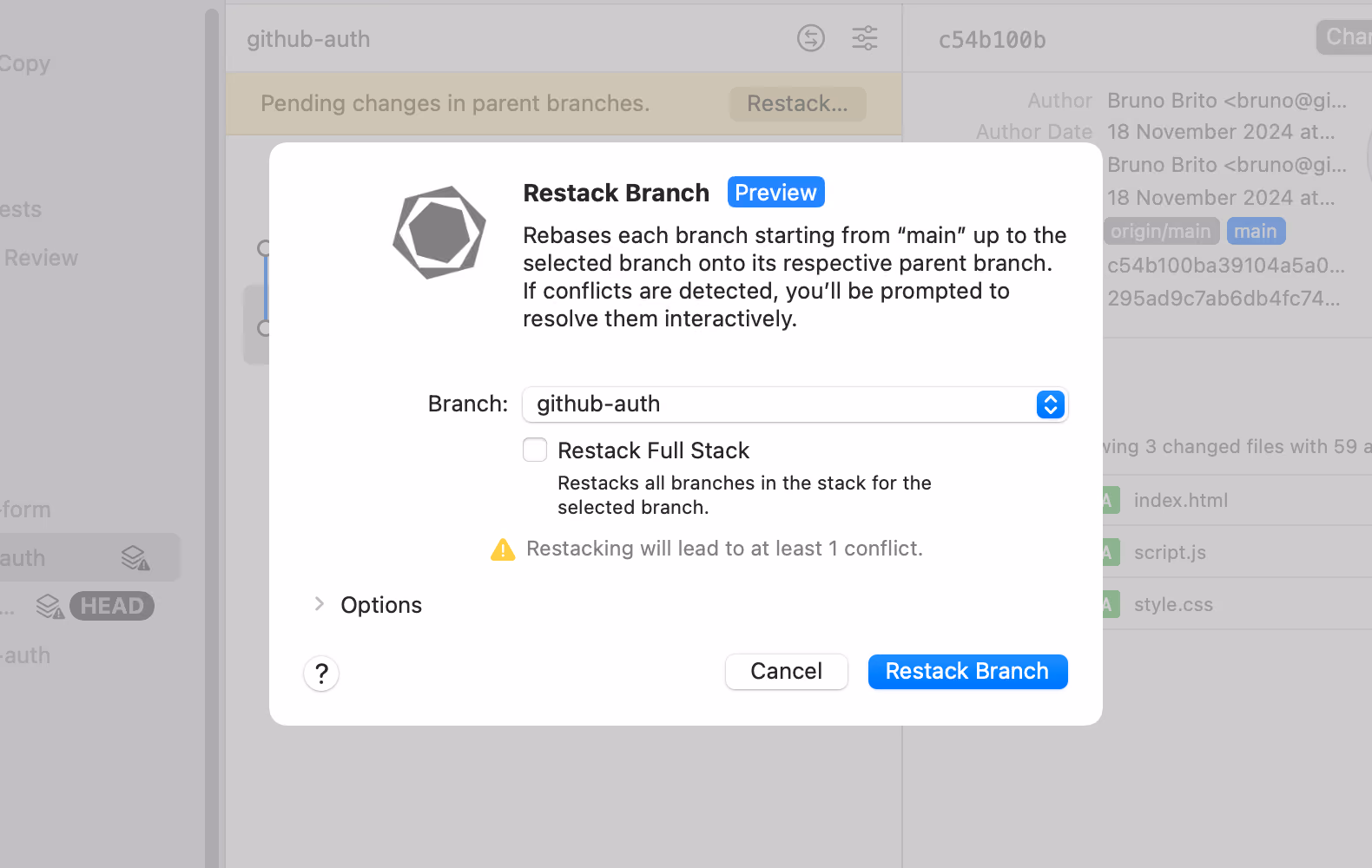 Tower 13 for Mac — Restack Branch Dialog