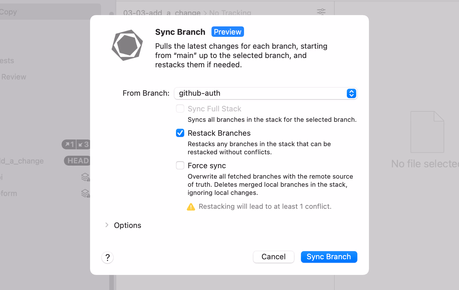 Tower 13 — Sync Branch Dialog