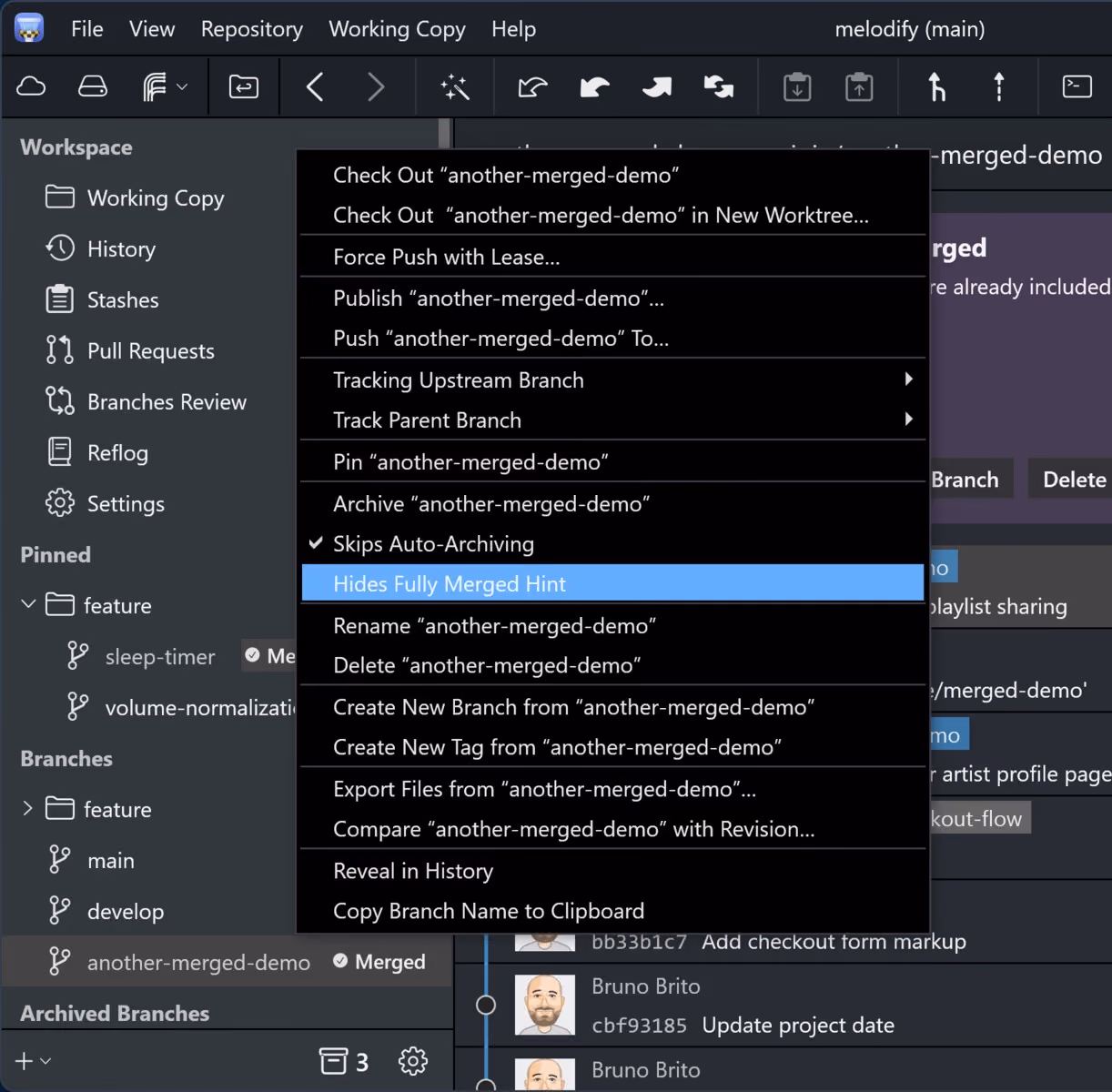 Tower 14 for Windows – "Hides Fully Merged Hint" option in the branch context menu