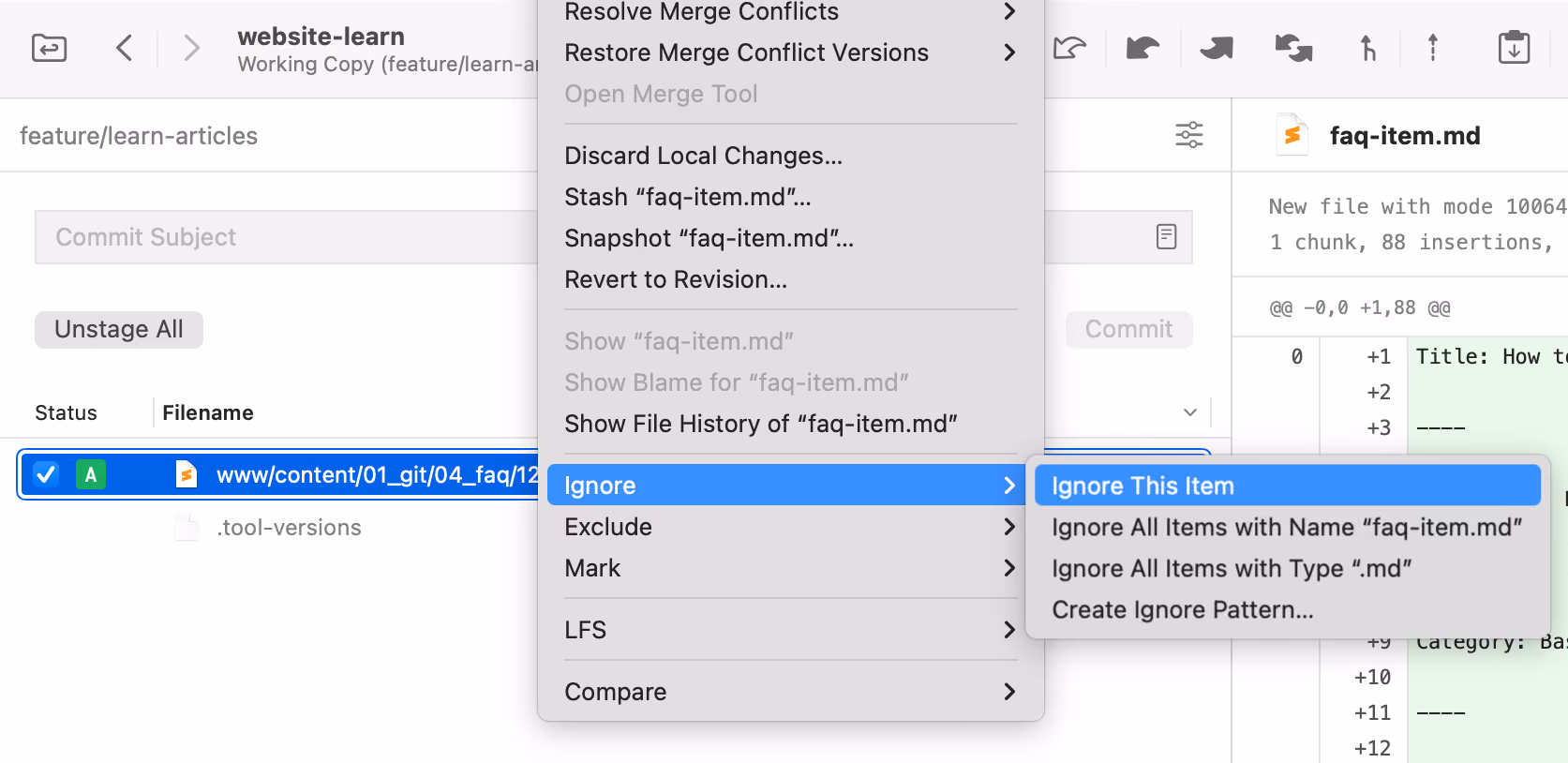 Ignoring a file in Tower