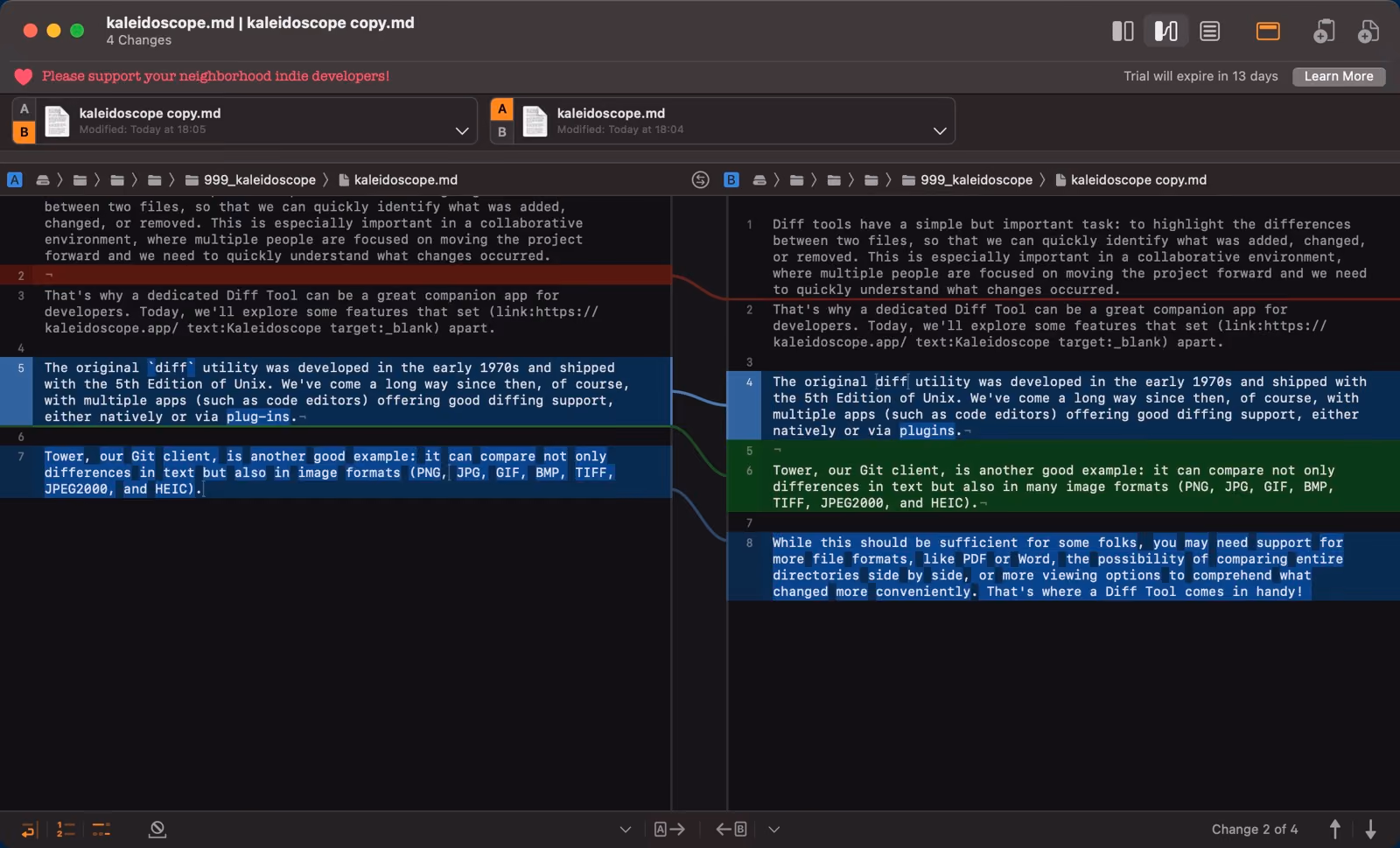 Text Diff in Kaleidoscope