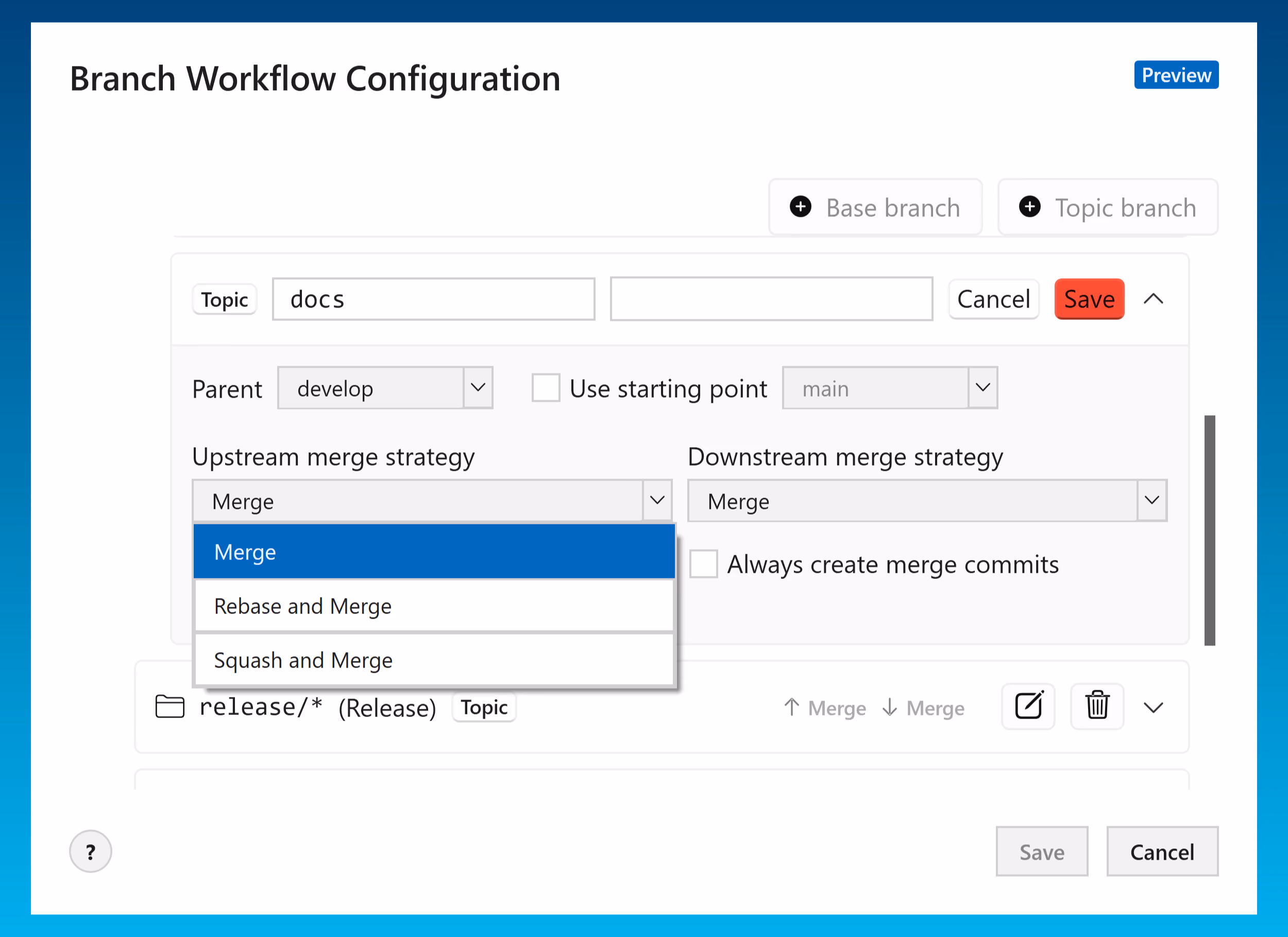 Choosing an upstream merge strategy, such as Merge, Rebase and Merge, or Squash and Merge