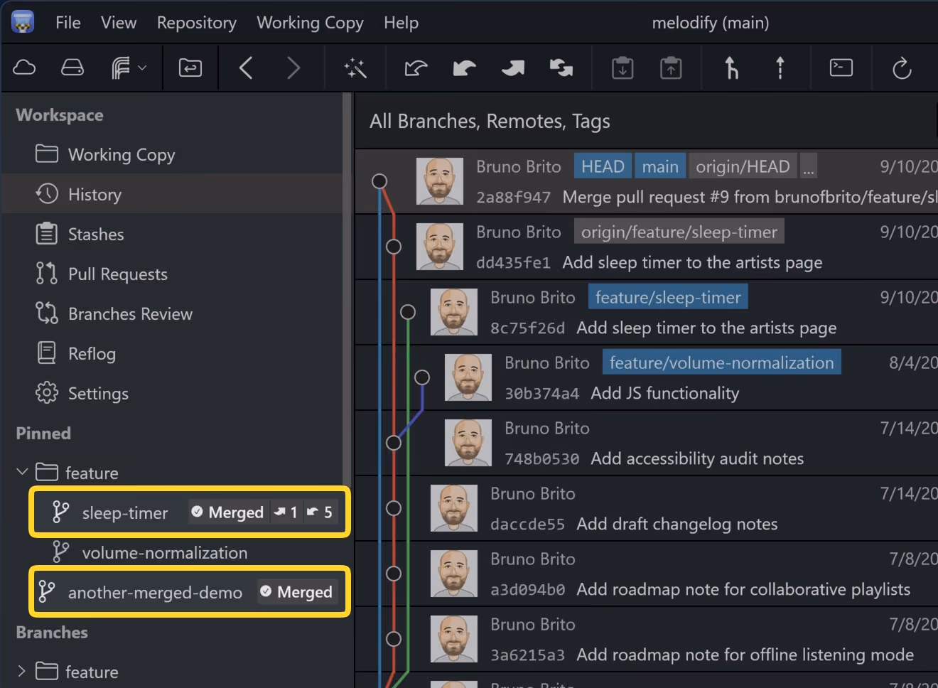 Tower 14 for Windows – "feature/sleep-timer" and "another-merged-demo" both carry the "Merged" badge in the sidebar