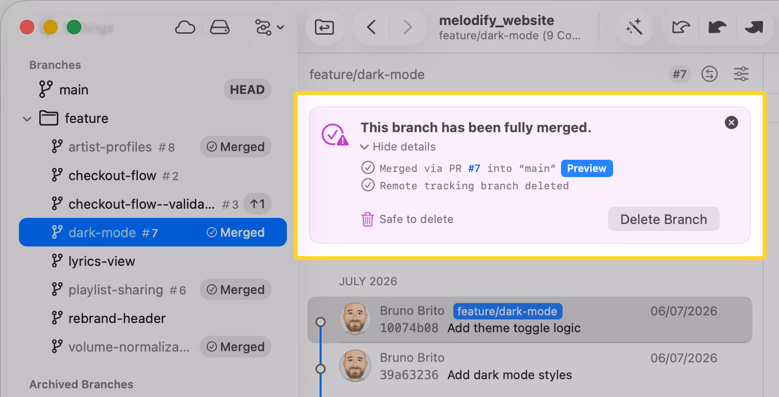 A rebase-merged branch detected via two independent checks