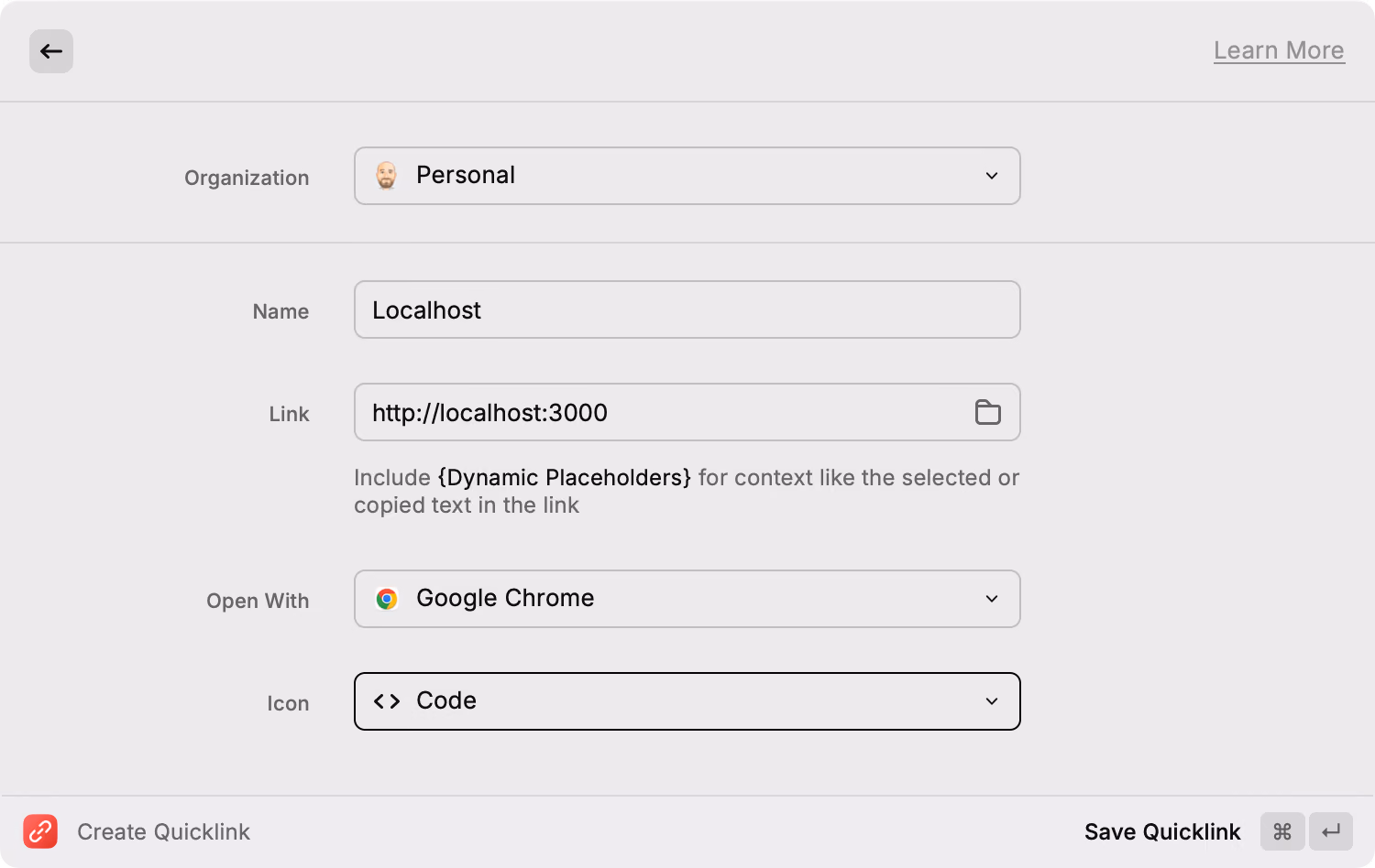 Raycast – Create Quicklink