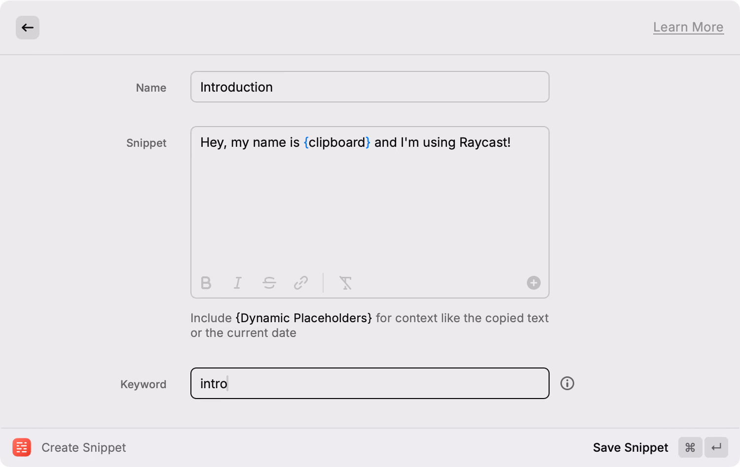 Raycast — Create Snippet