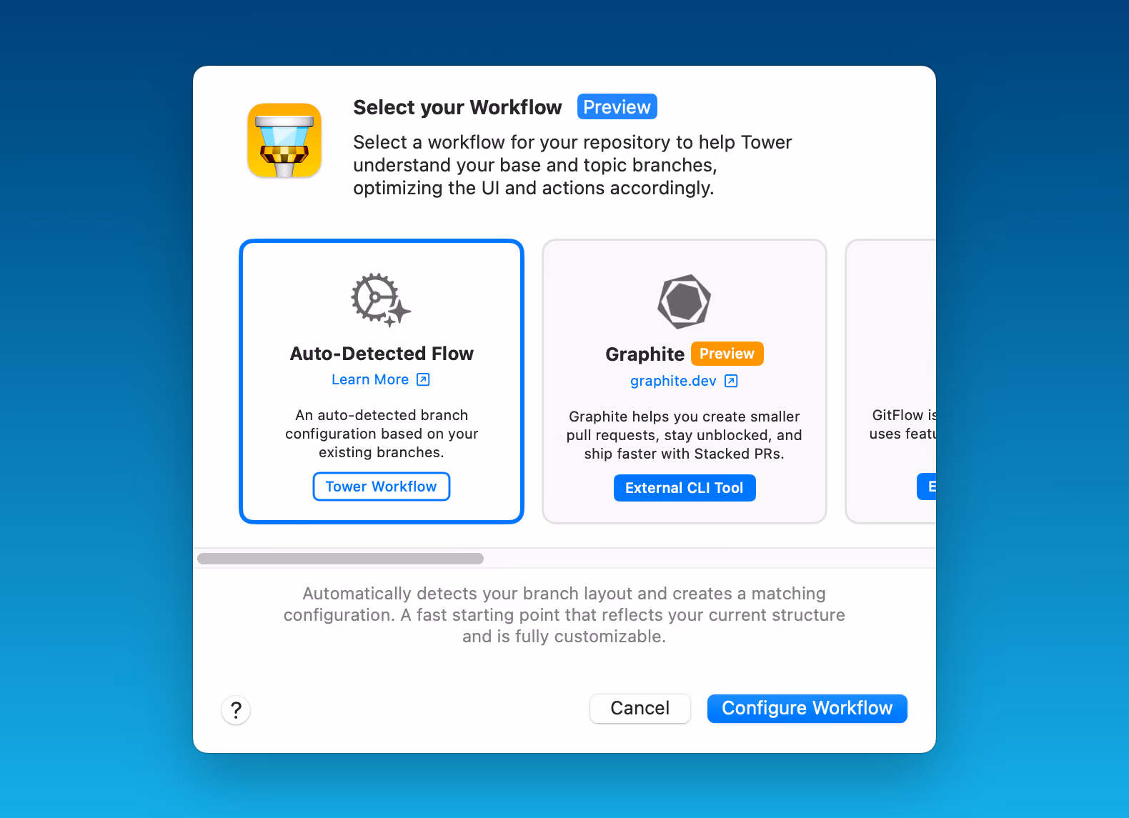 Selecting a workflow template, such as Auto-Detected Flow, Graphite, or GitFlow