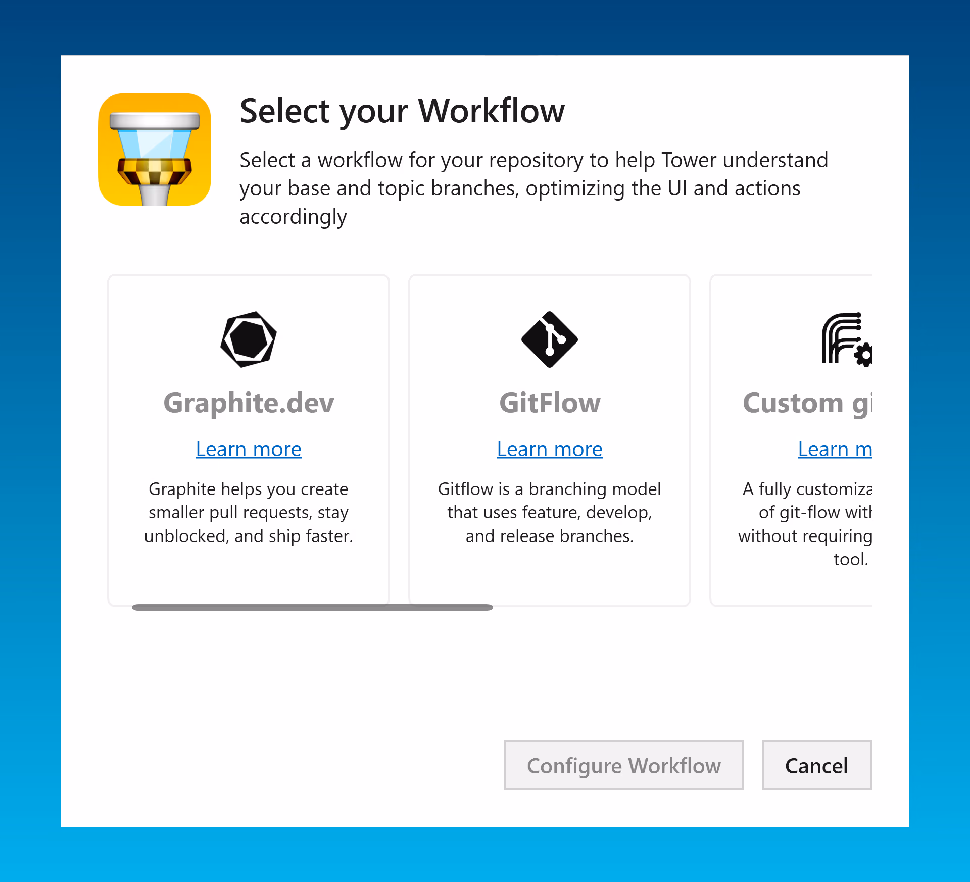 Selecting a workflow template, such as Graphite.dev, GitFlow, or a custom git-flow