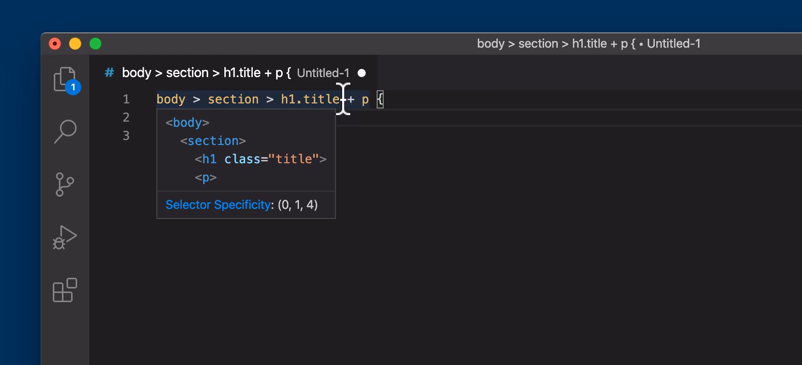 CSS selector and specificity preview.
