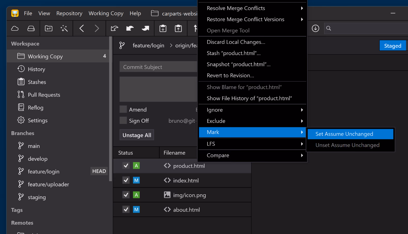 "Set Assume Unchanged" in Tower for Windows