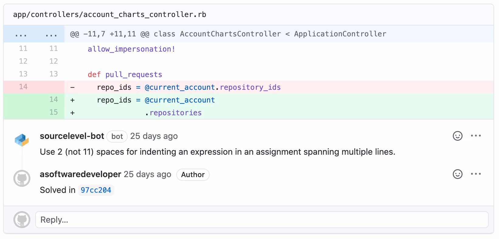 SourceLevel's bot adds inline comments to explain any discovered issues.
