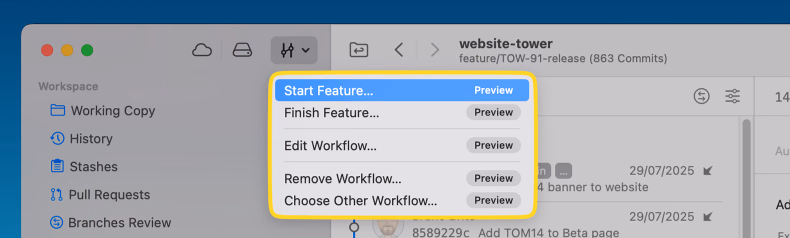 Starting a new feature branch from the Workflows menu