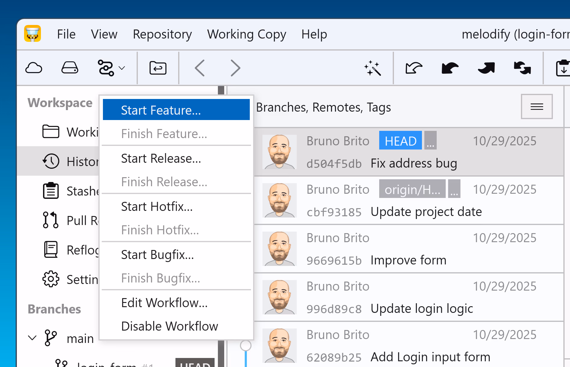 Starting a new feature branch from the Workflows menu