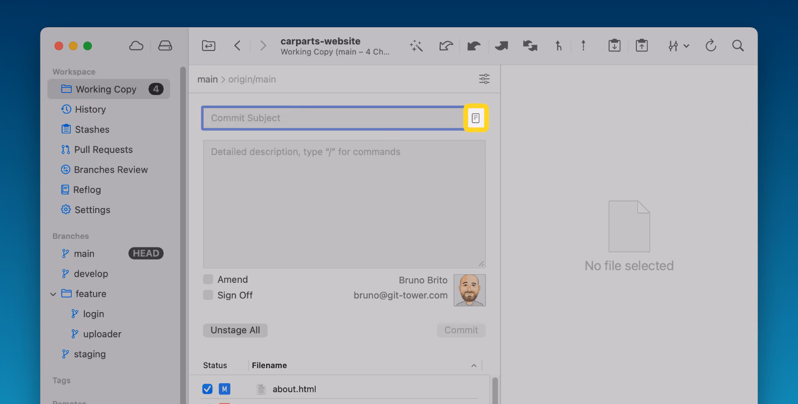 Tower 11 — Commit Template button