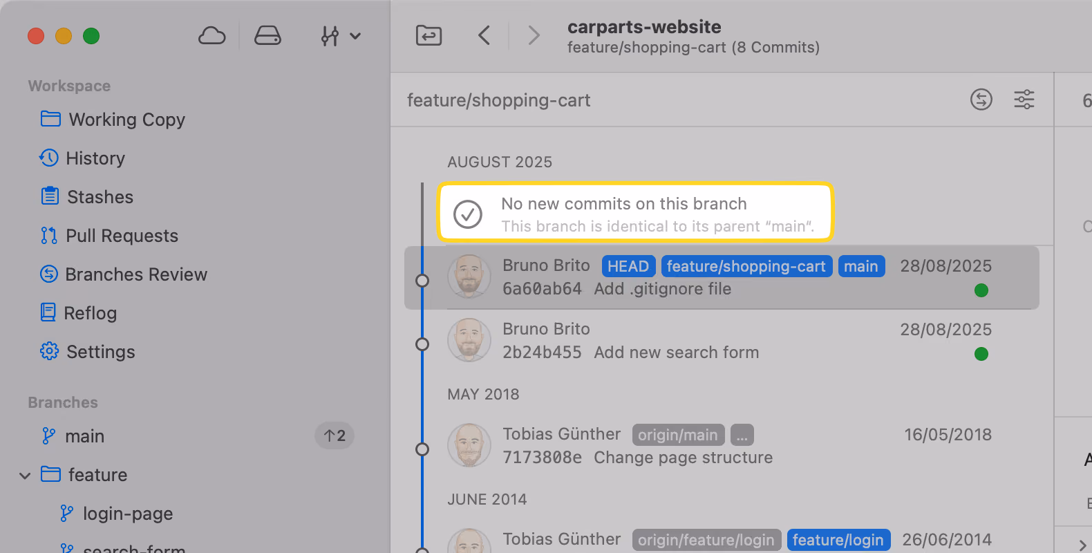 Tower 15 – "No new commits on this branch" message