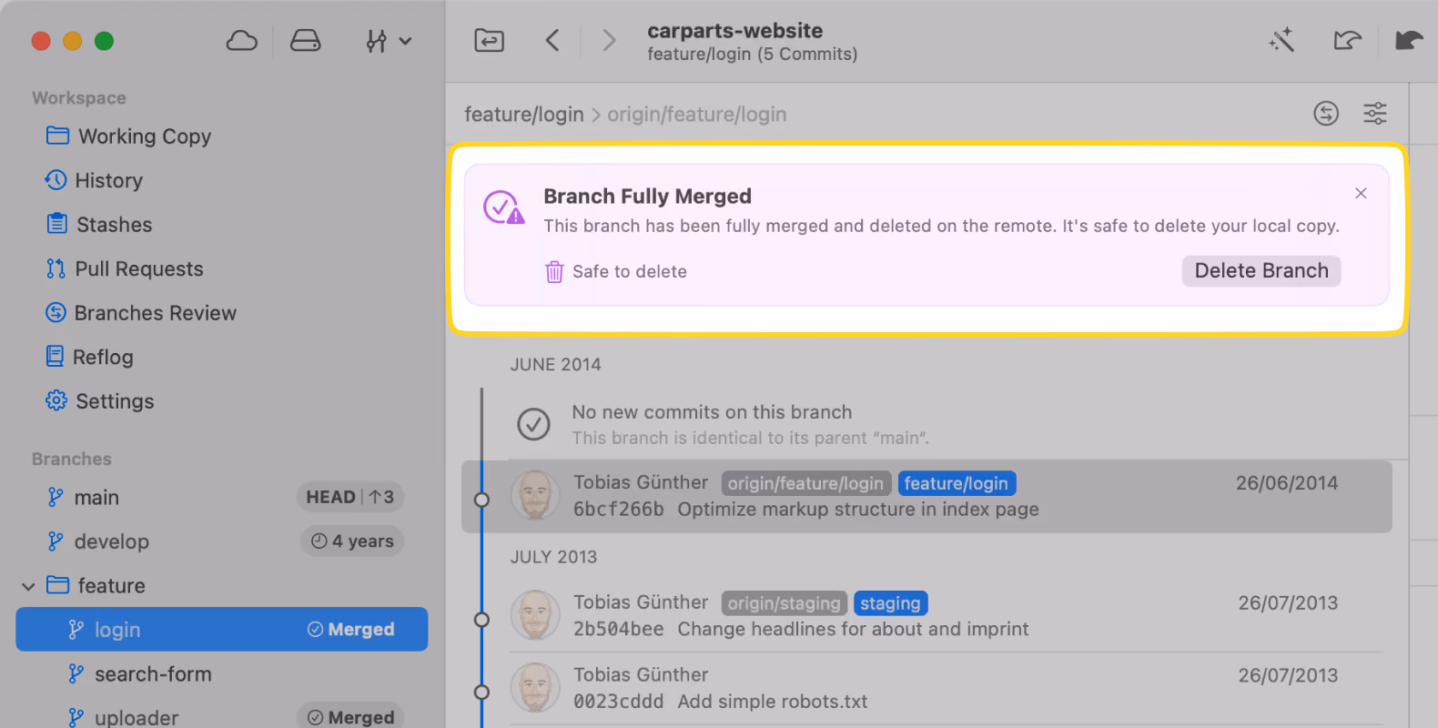 Tower 15 – "Fully Merged" and "Stale" Badges with Hint View