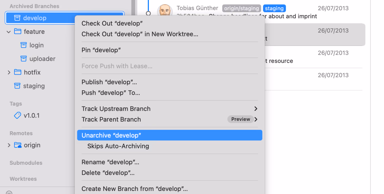 Tower 15 – "Unarchive Branch" option