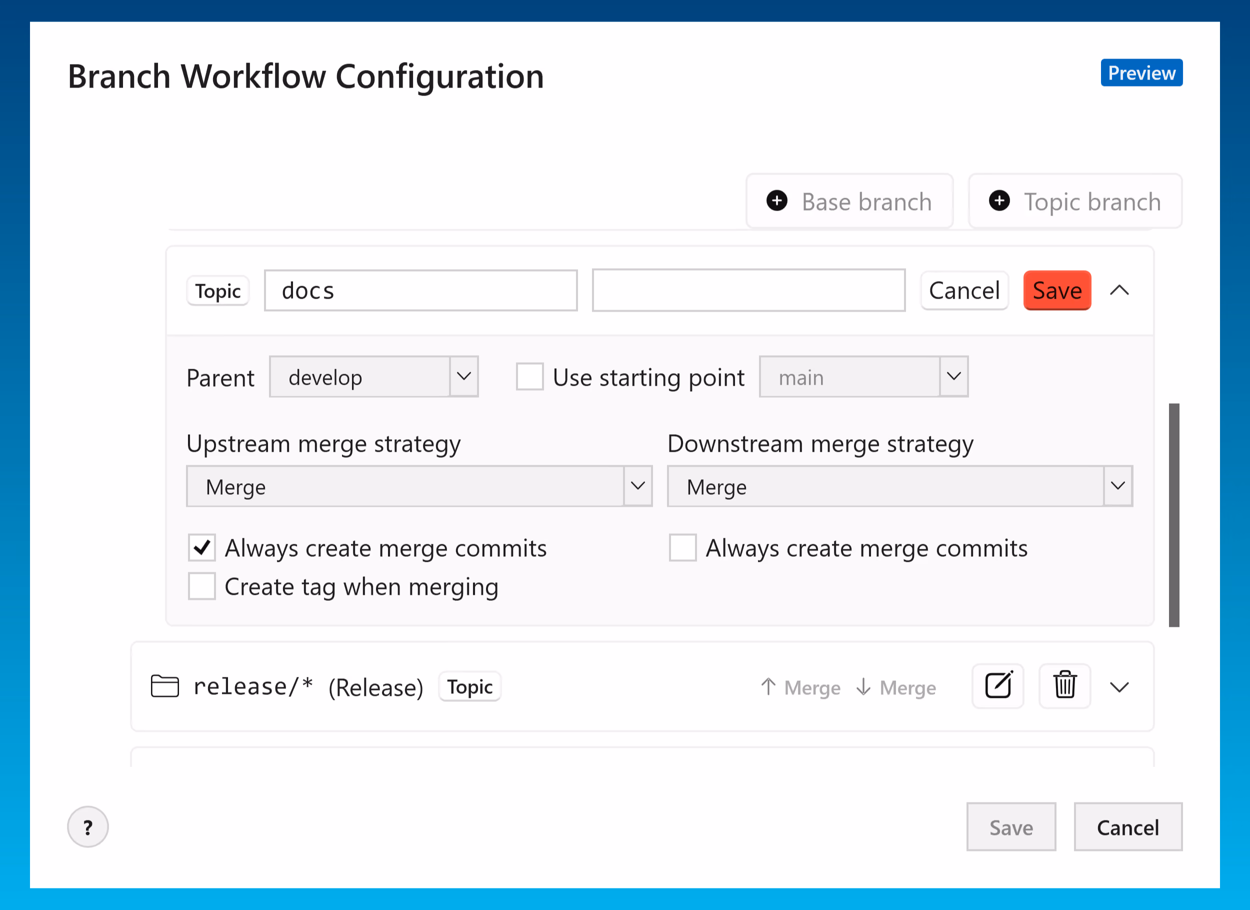 Configuring a topic branch type, including its prefix, parent branch, and starting point