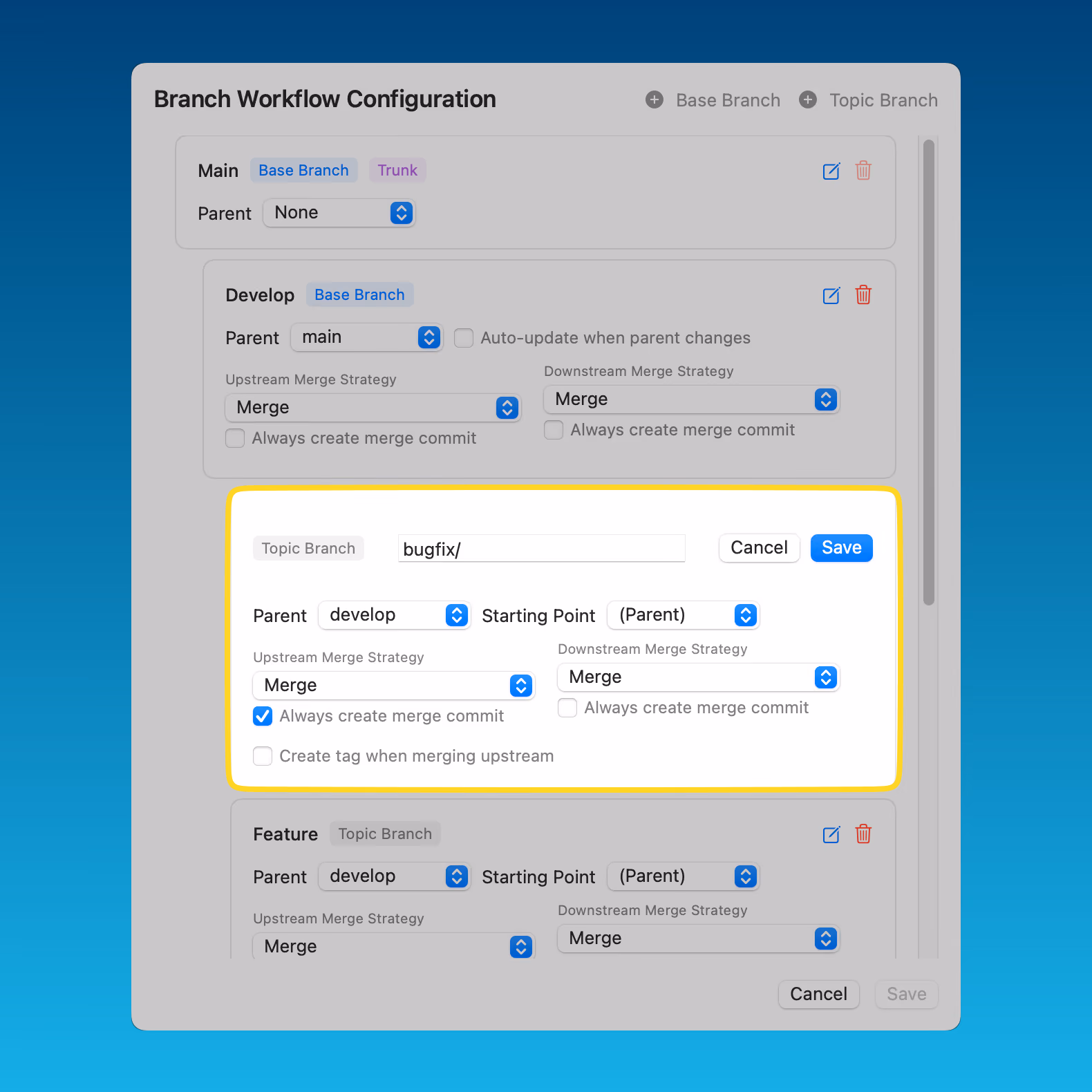 Configuring a topic branch type, including its prefix, parent branch, and starting point