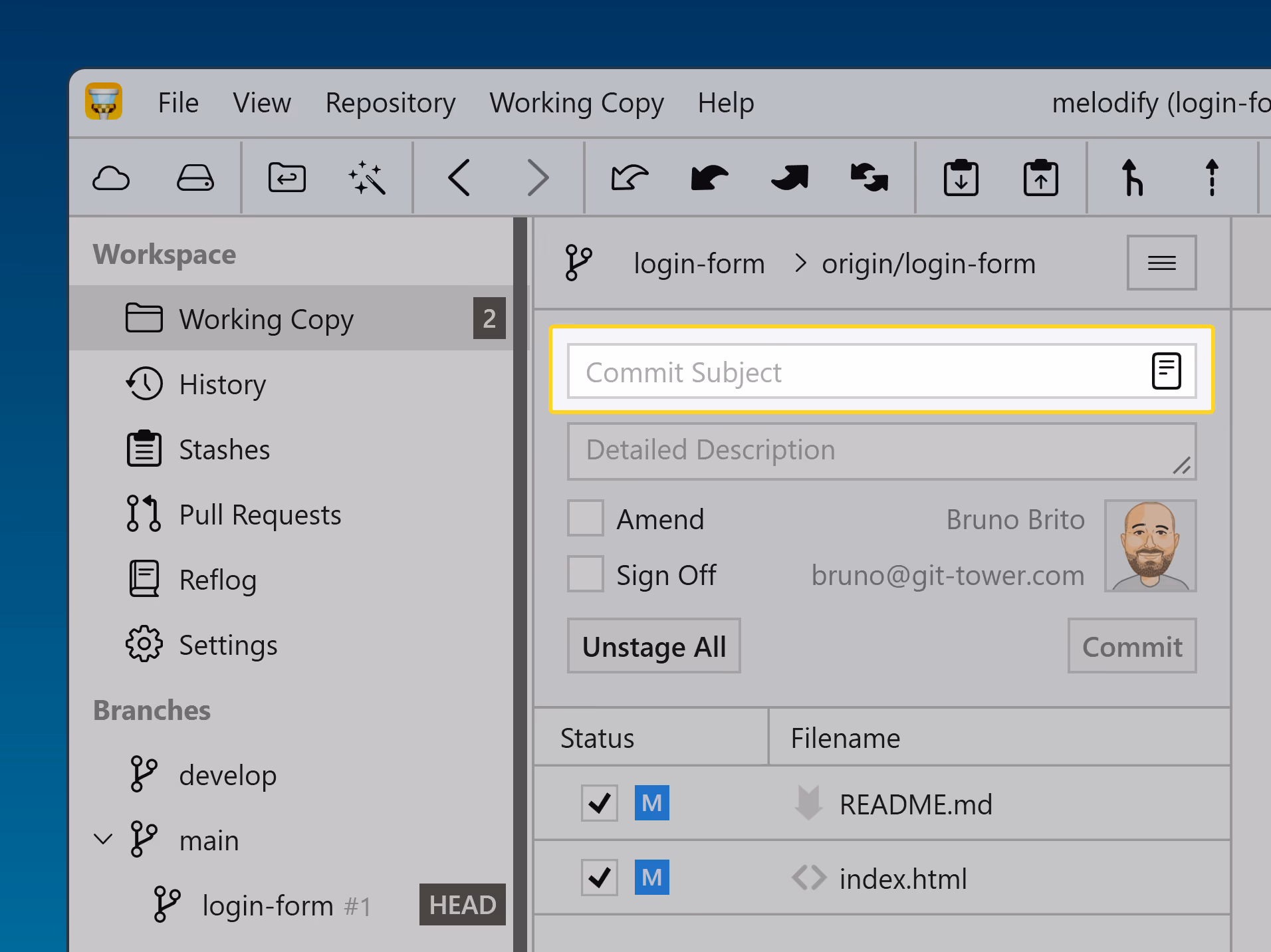 Tower 11 for Windows — Commit Template button