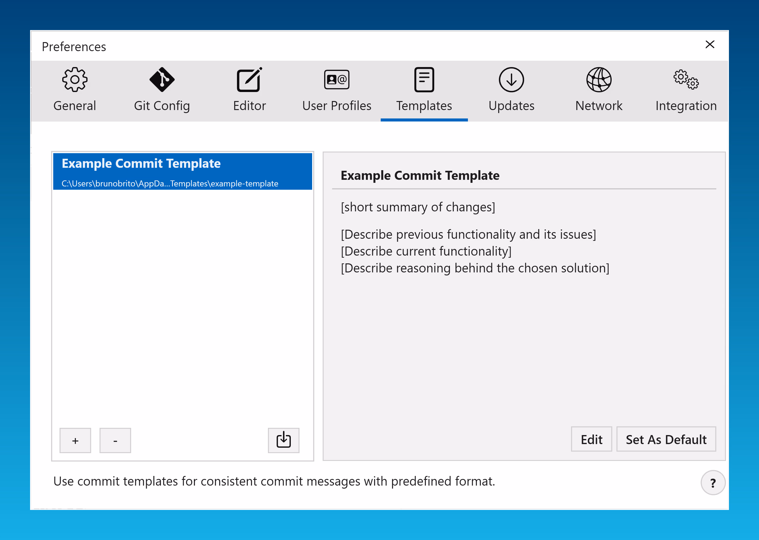 Tower 11 for Windows – Managing Commit Templates