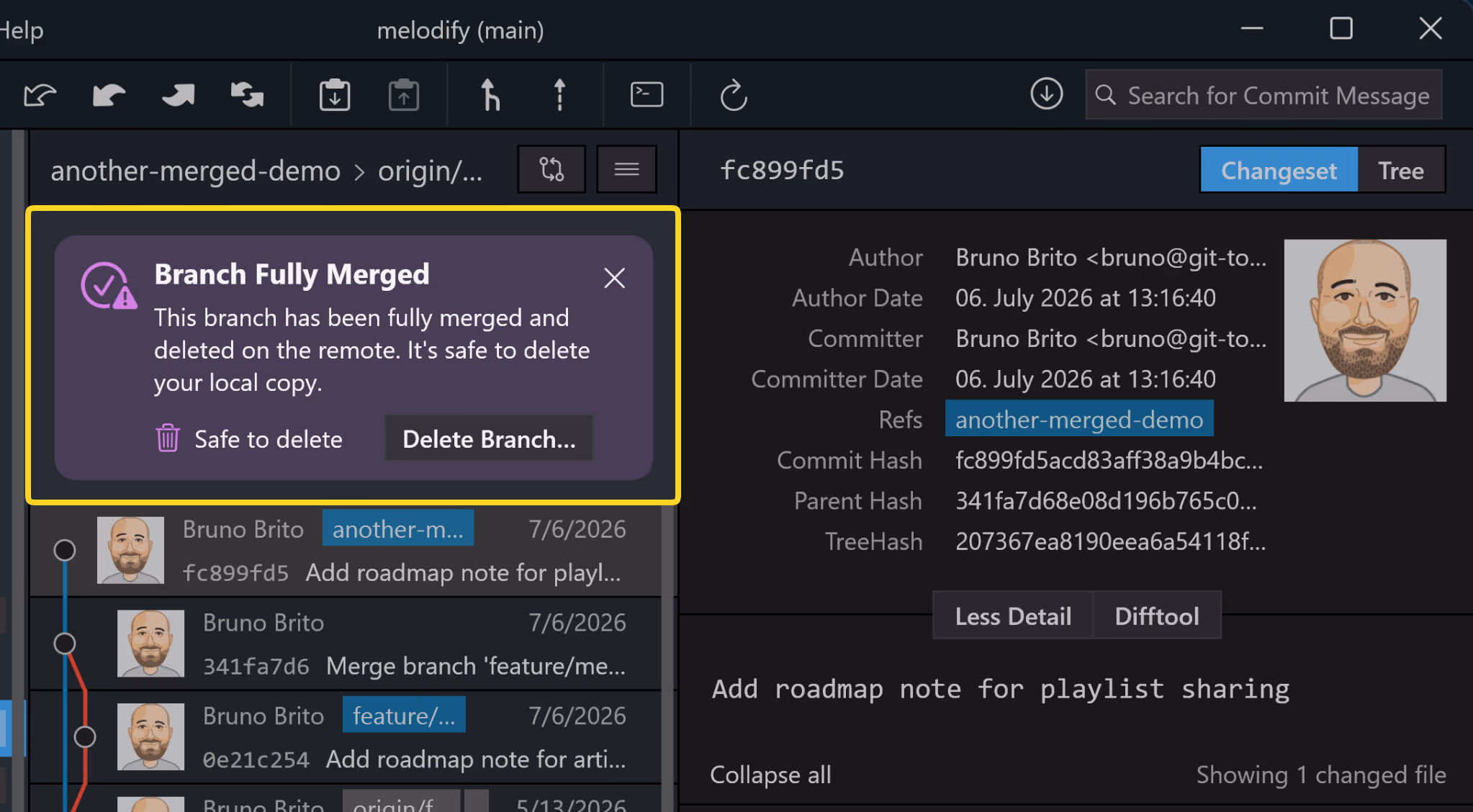 Tower 13 for Windows – "Fully Merged Branch" hint view for quick deletion