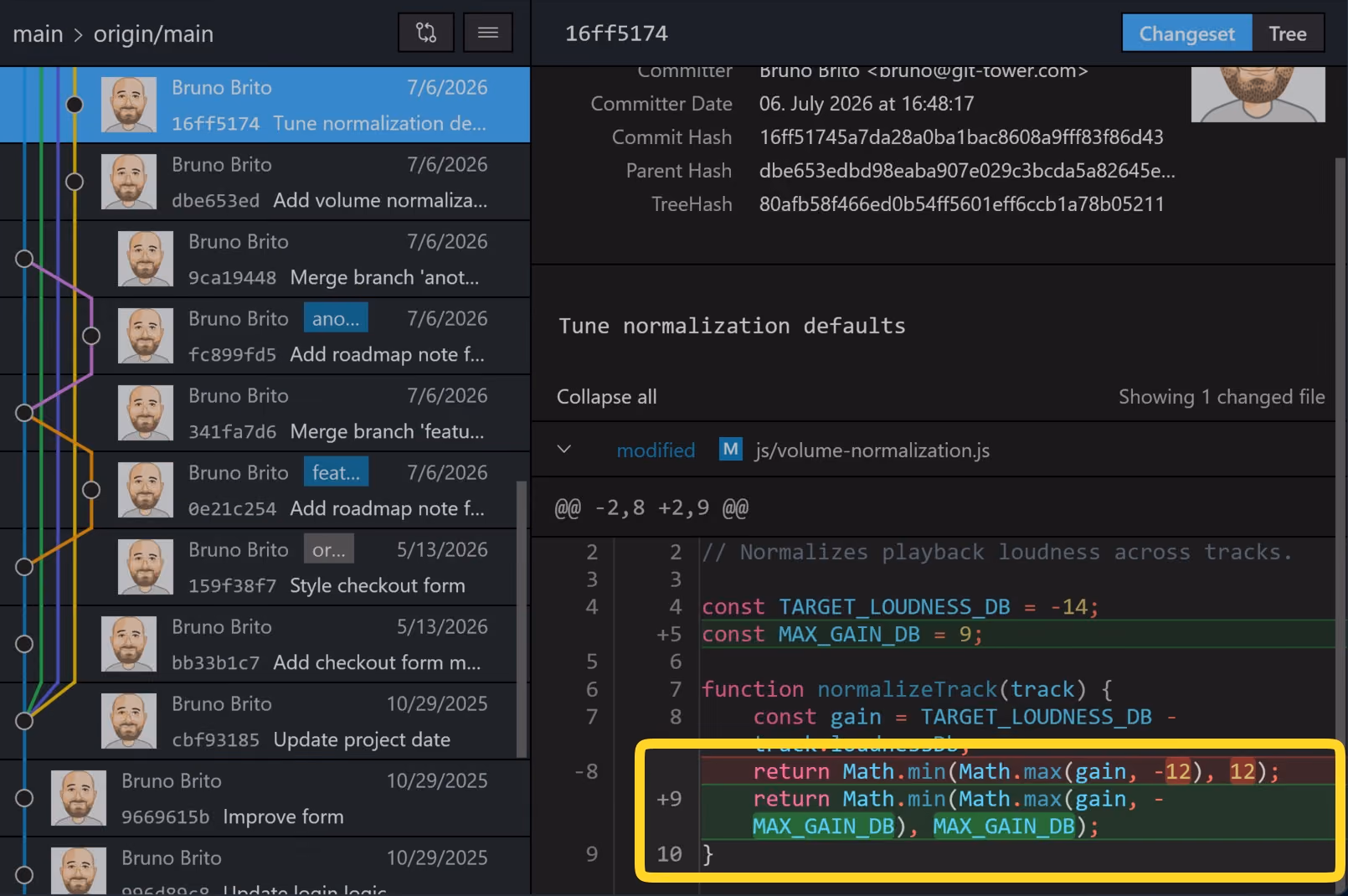 Tower 15 for Windows – Changed words highlighted inside modified lines