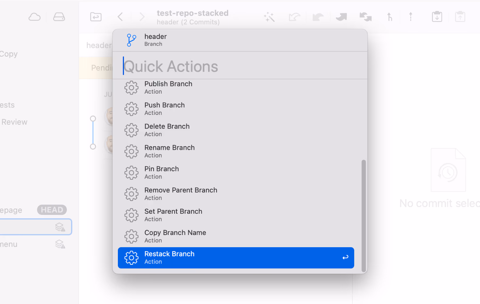 Tower 12 — Restack Branch with Quick Actions
