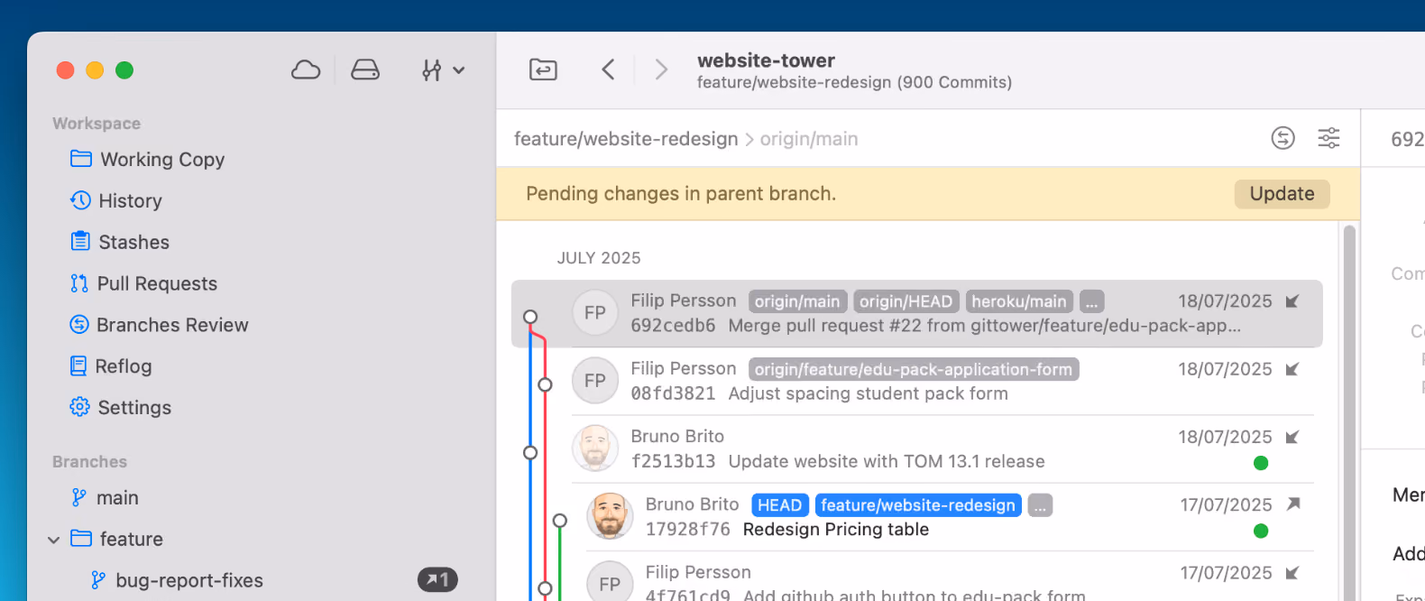 Tower 14 — "Update Branch" Action