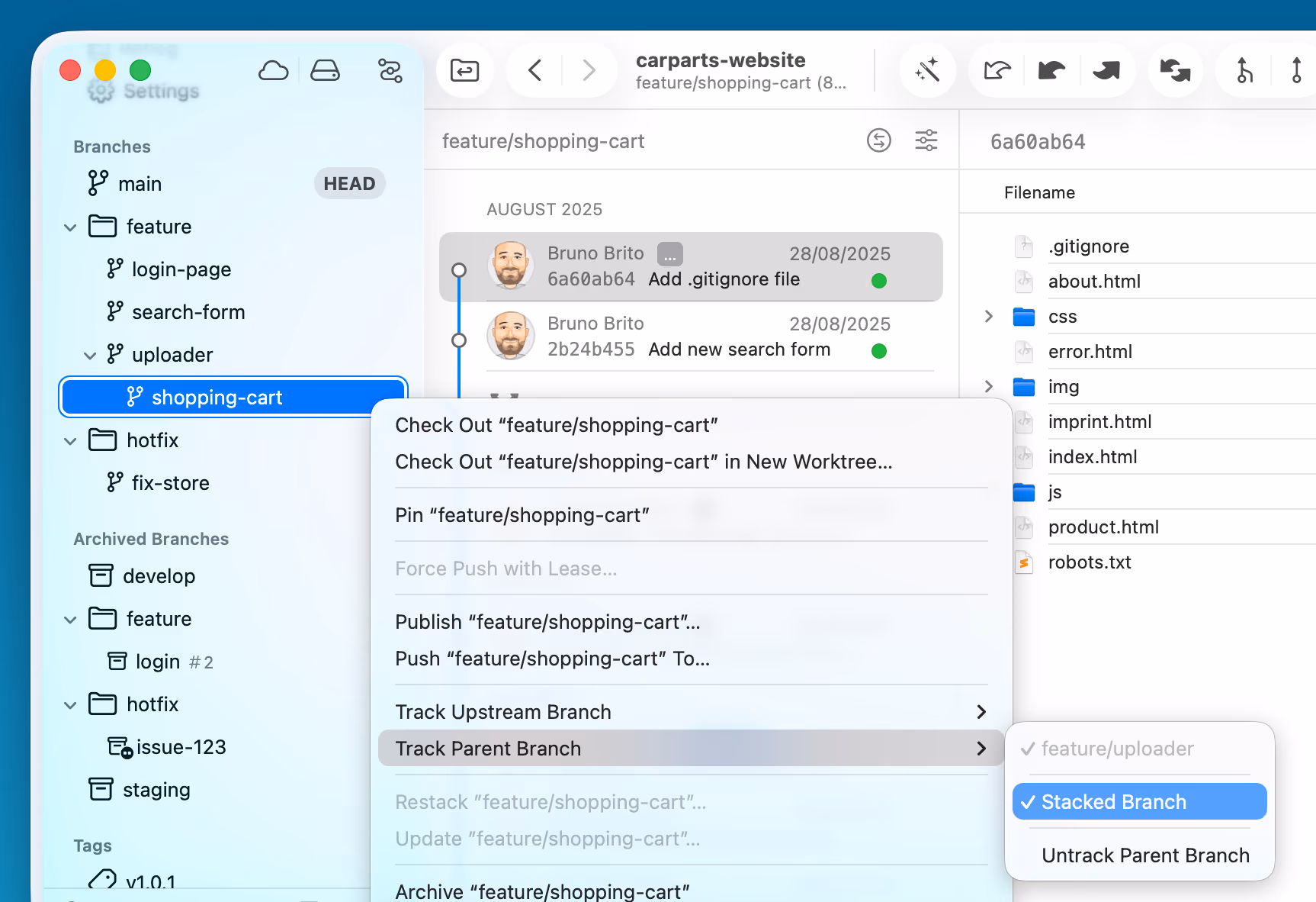 Marking a branch as a stacked branch from the Track Parent Branch context menu