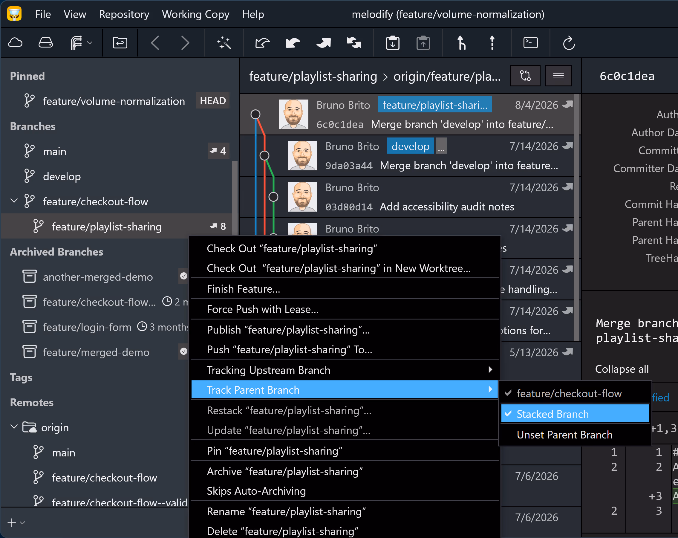 Marking a branch as a stacked branch from the Track Parent Branch context menu