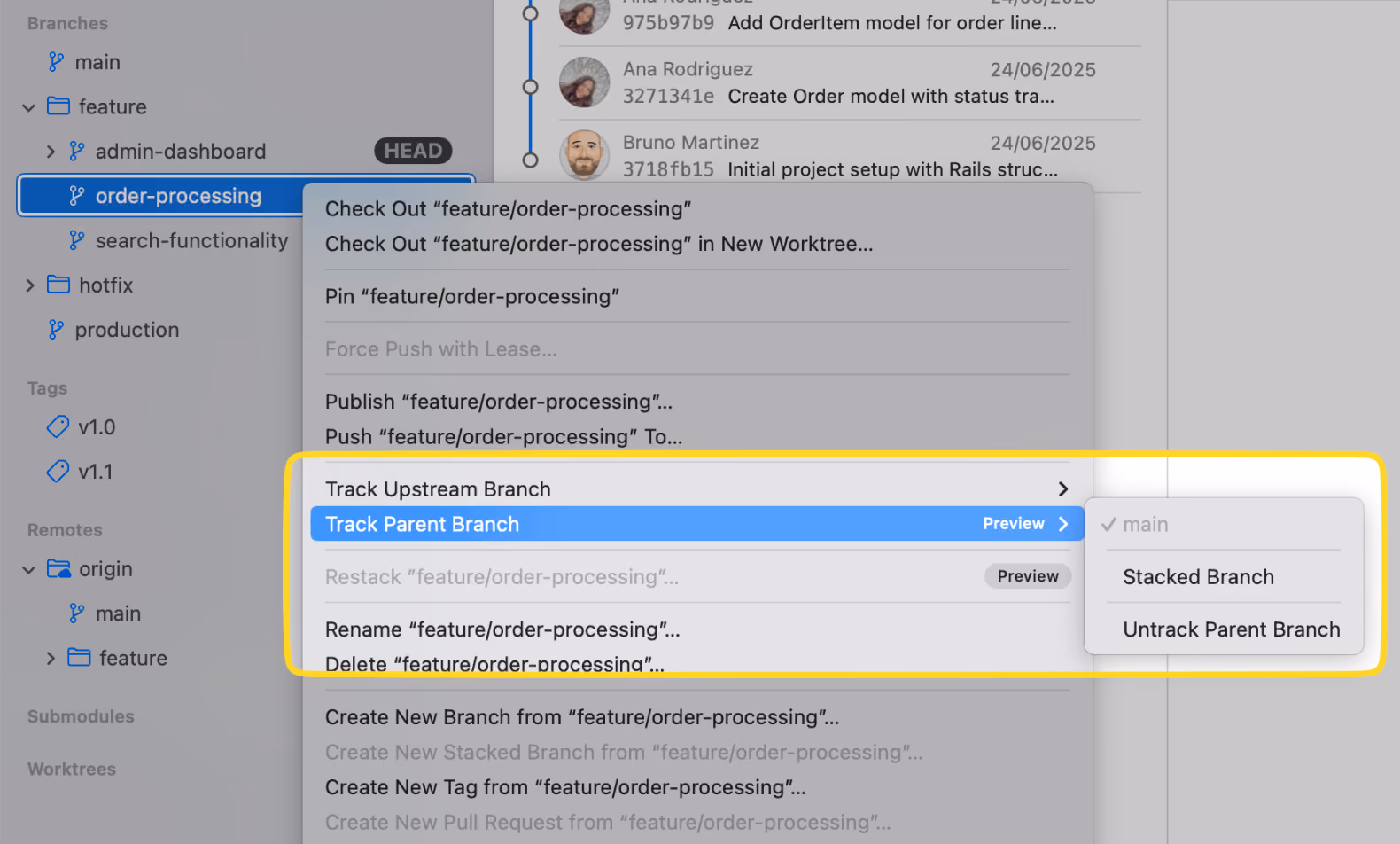 Changing a branch's tracked parent branch from its context menu in the sidebar