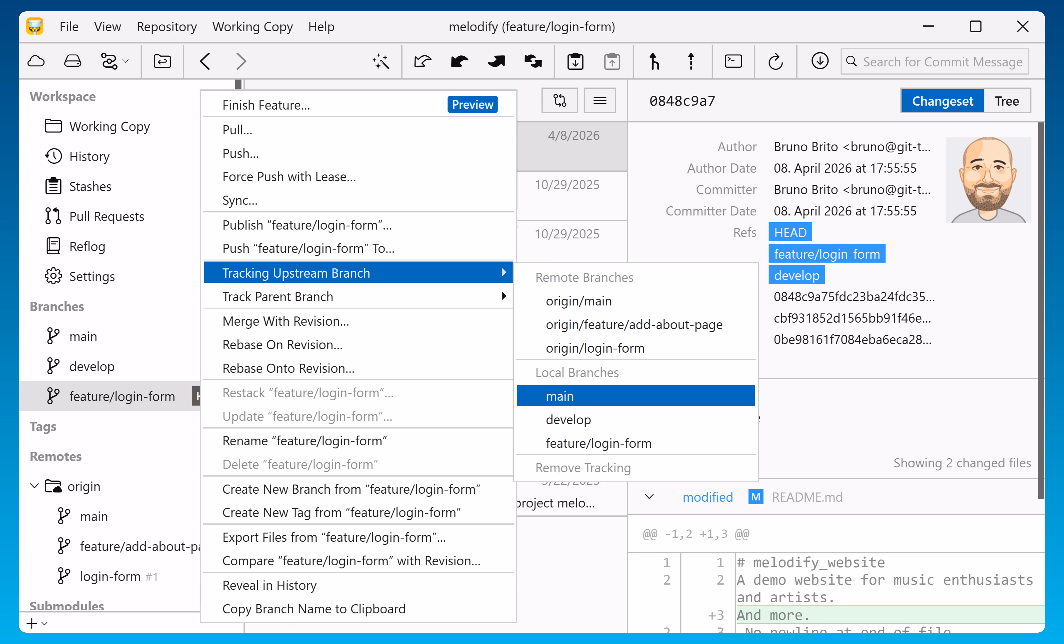 Changing a branch's tracked parent branch from its context menu in the sidebar