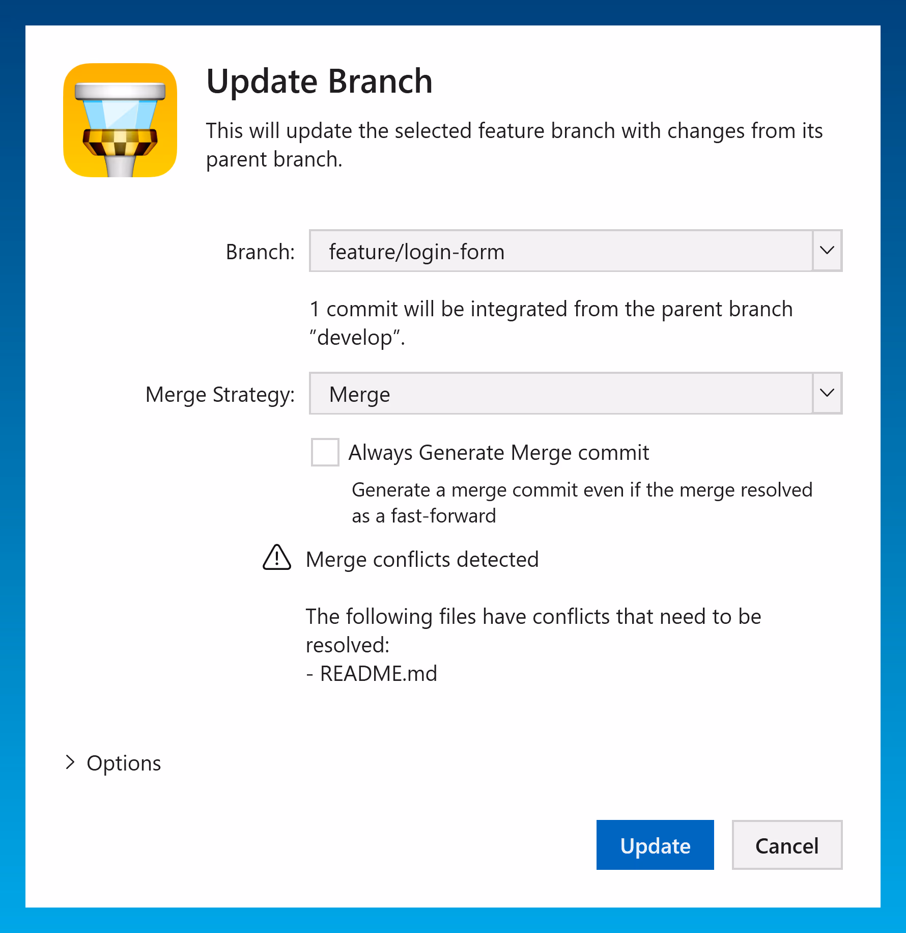 The Update Branch dialog, showing the merge strategy and any files with conflicts