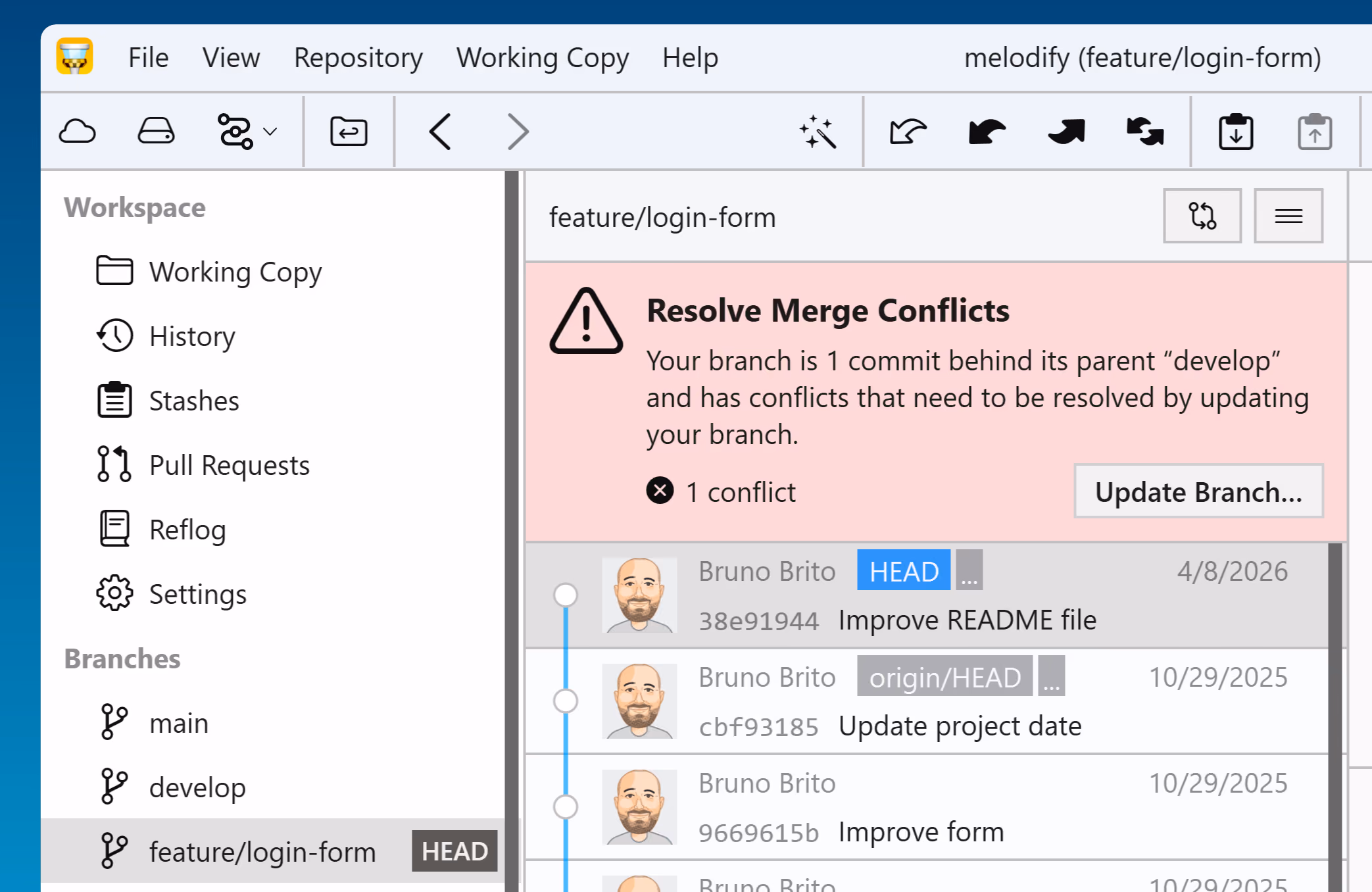 A banner warning that updating your branch will result in merge conflicts that need to be resolved