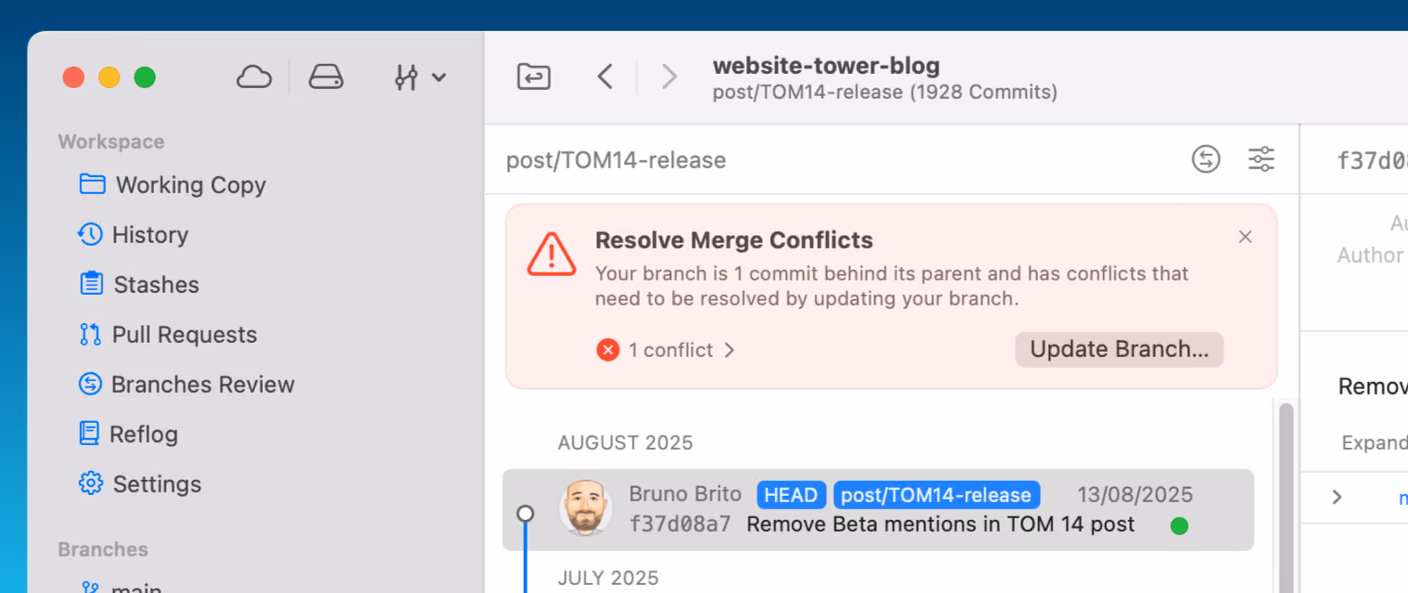A banner warning that updating your branch will result in merge conflicts that need to be resolved